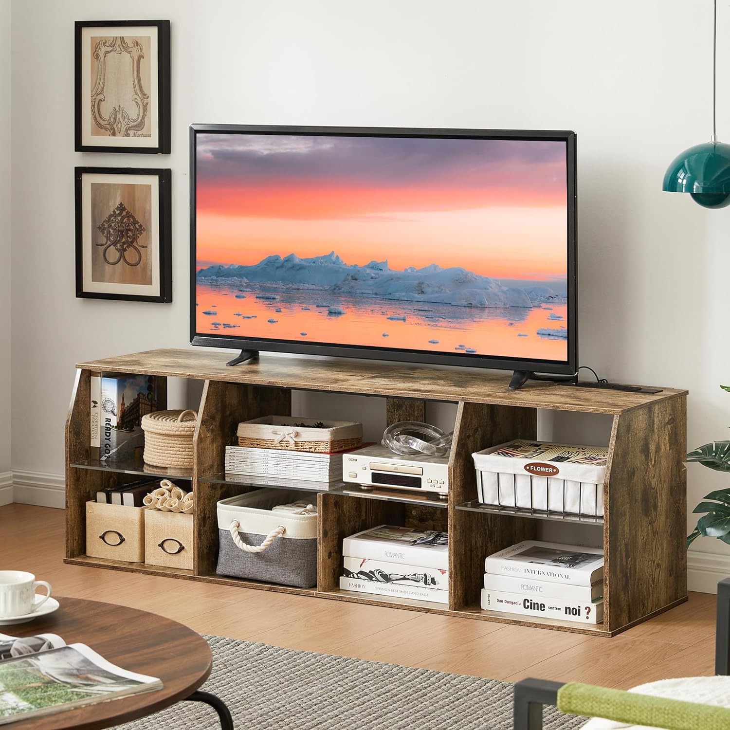 VECELO TV Stand with LED Strip & Power Outlets, Industrial Entertainment Center