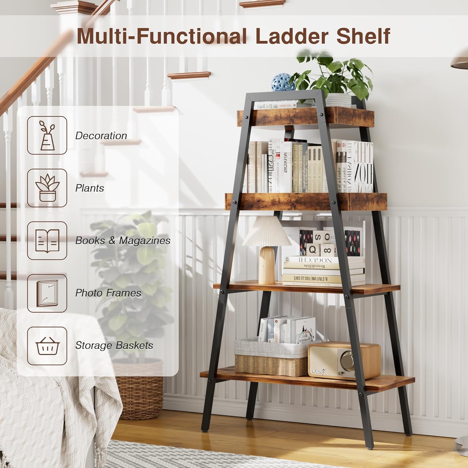 VECELO Ladder Shelf/Display Shelf 4 Tier Storage Bookcase Rack Wood & Steel