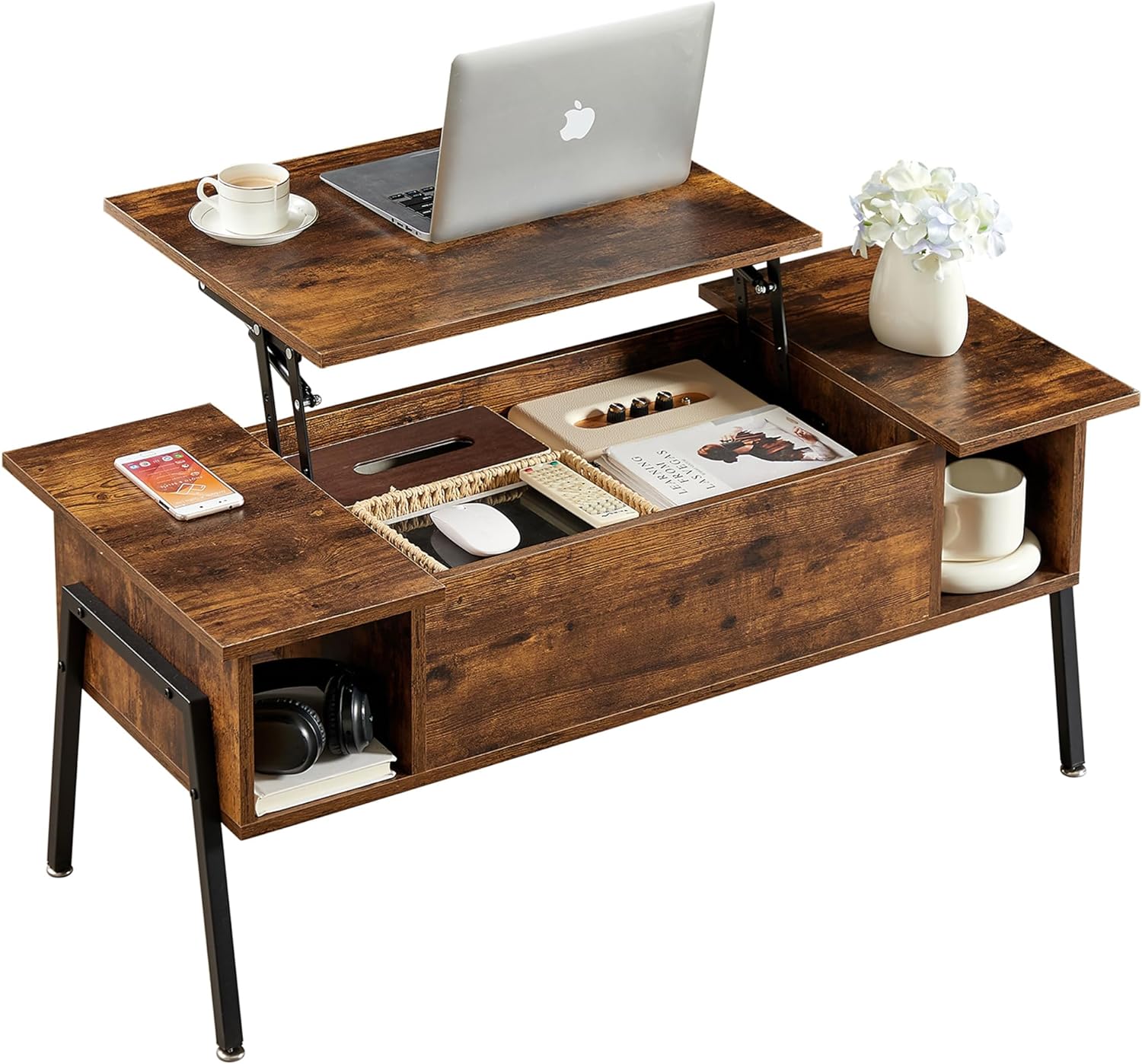 VECELO Wood Lift Top Coffee Table with Hidden Compartment and Storage Shelf