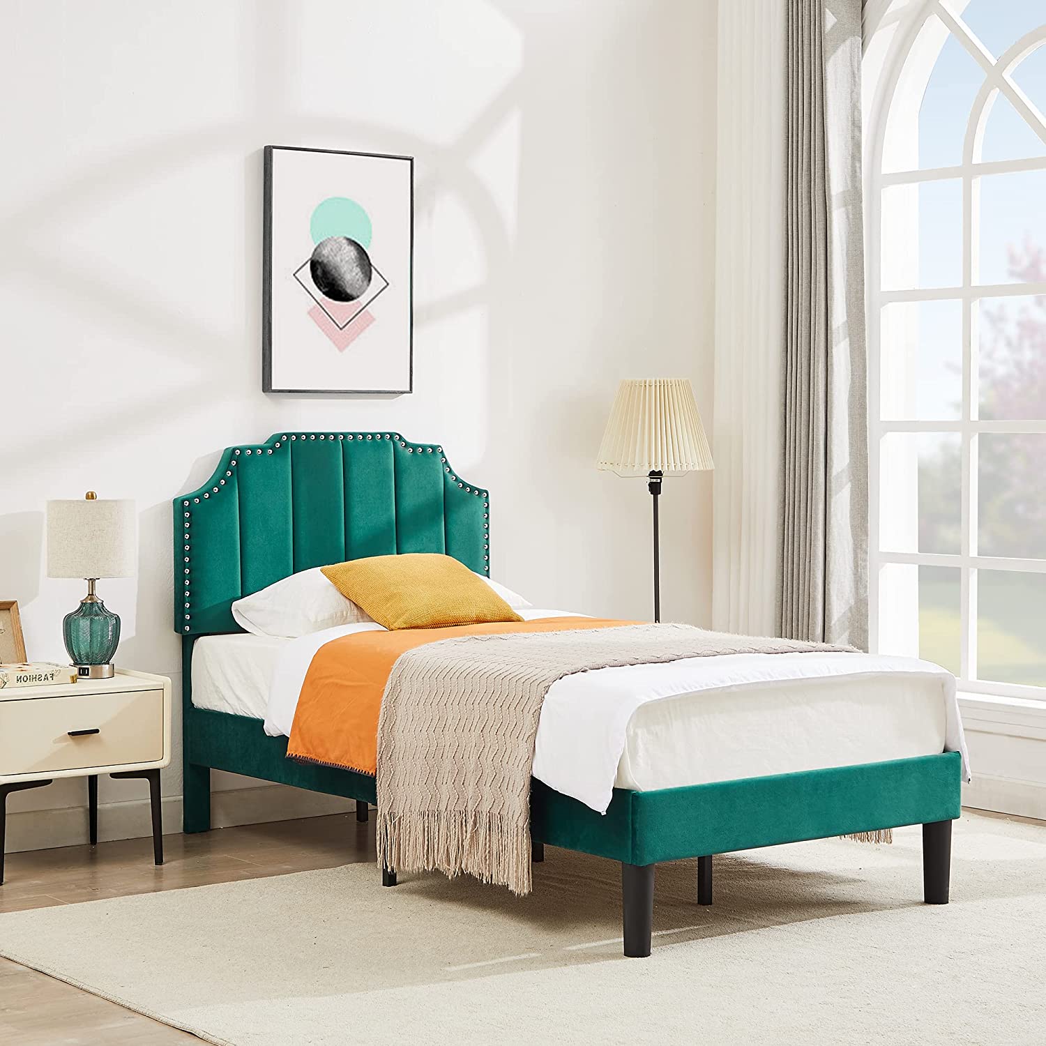 Upholstered Platform Bed Frame with Tufted Adjustable Headboard