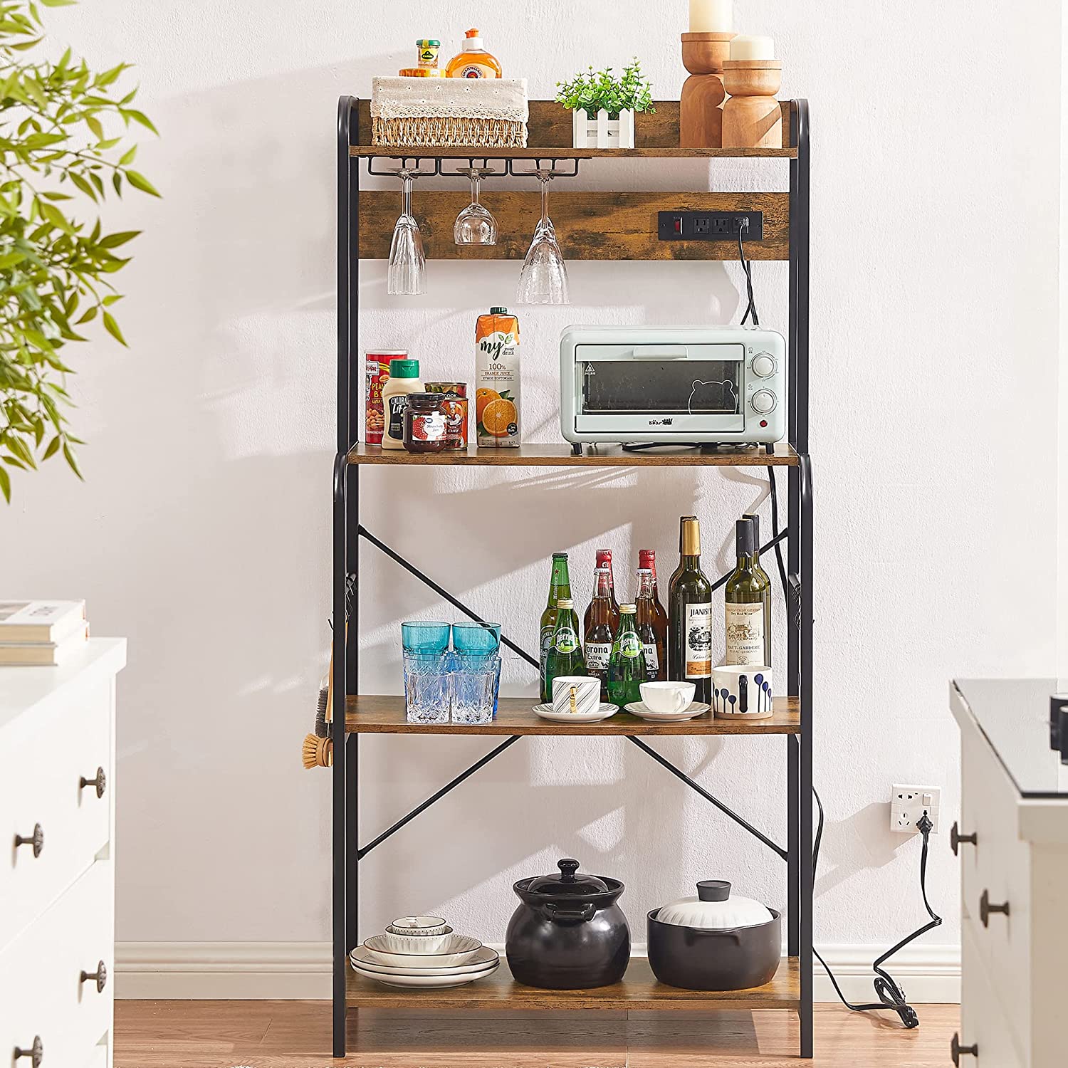 VECELO Baker's Rack with Power Outlet, Kitchen Utility Storage with 4-tier shelves, Hooks and Glass Holder for Dining Room/Kitchen Organizer