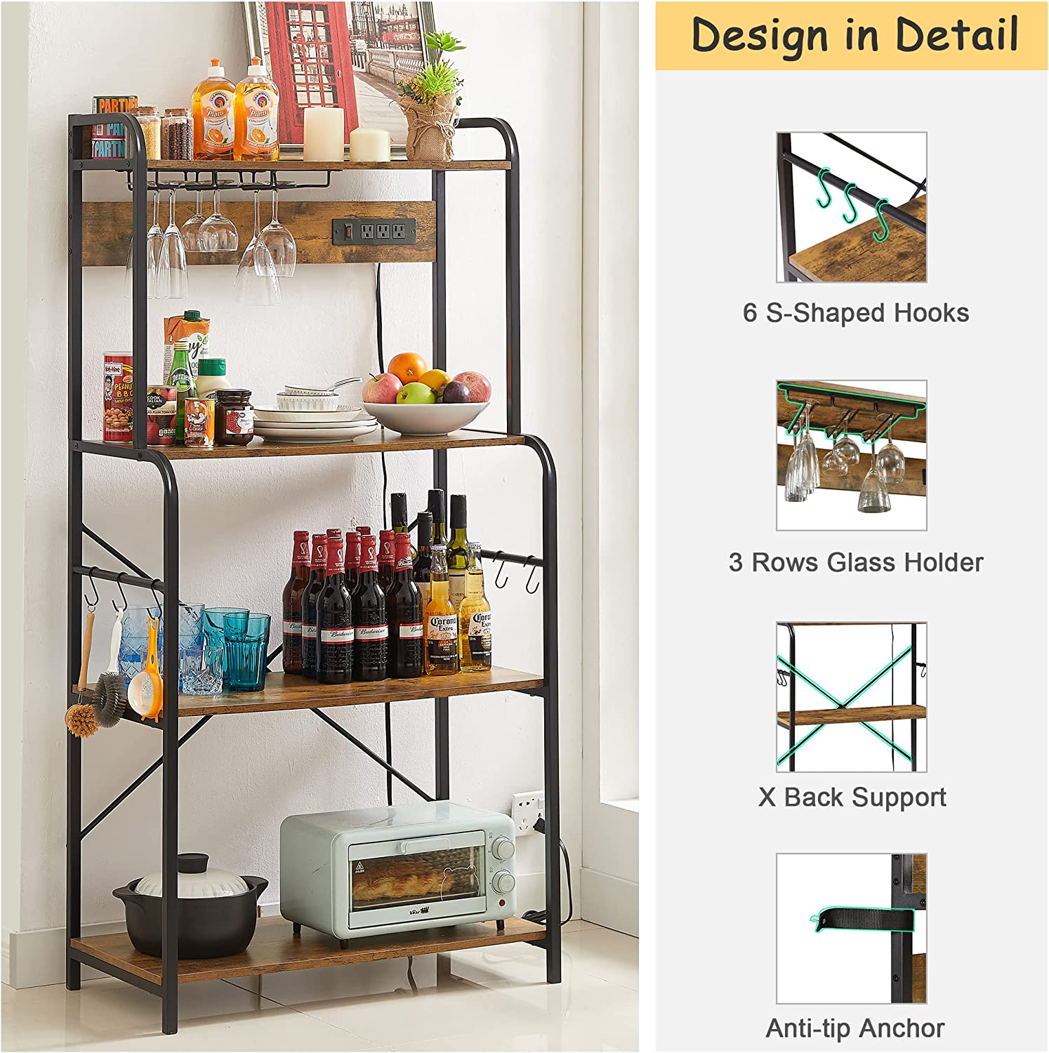VECELO Baker's Rack with Power Outlet, Kitchen Utility Storage with 4-tier shelves, Hooks and Glass Holder for Dining Room/Kitchen Organizer