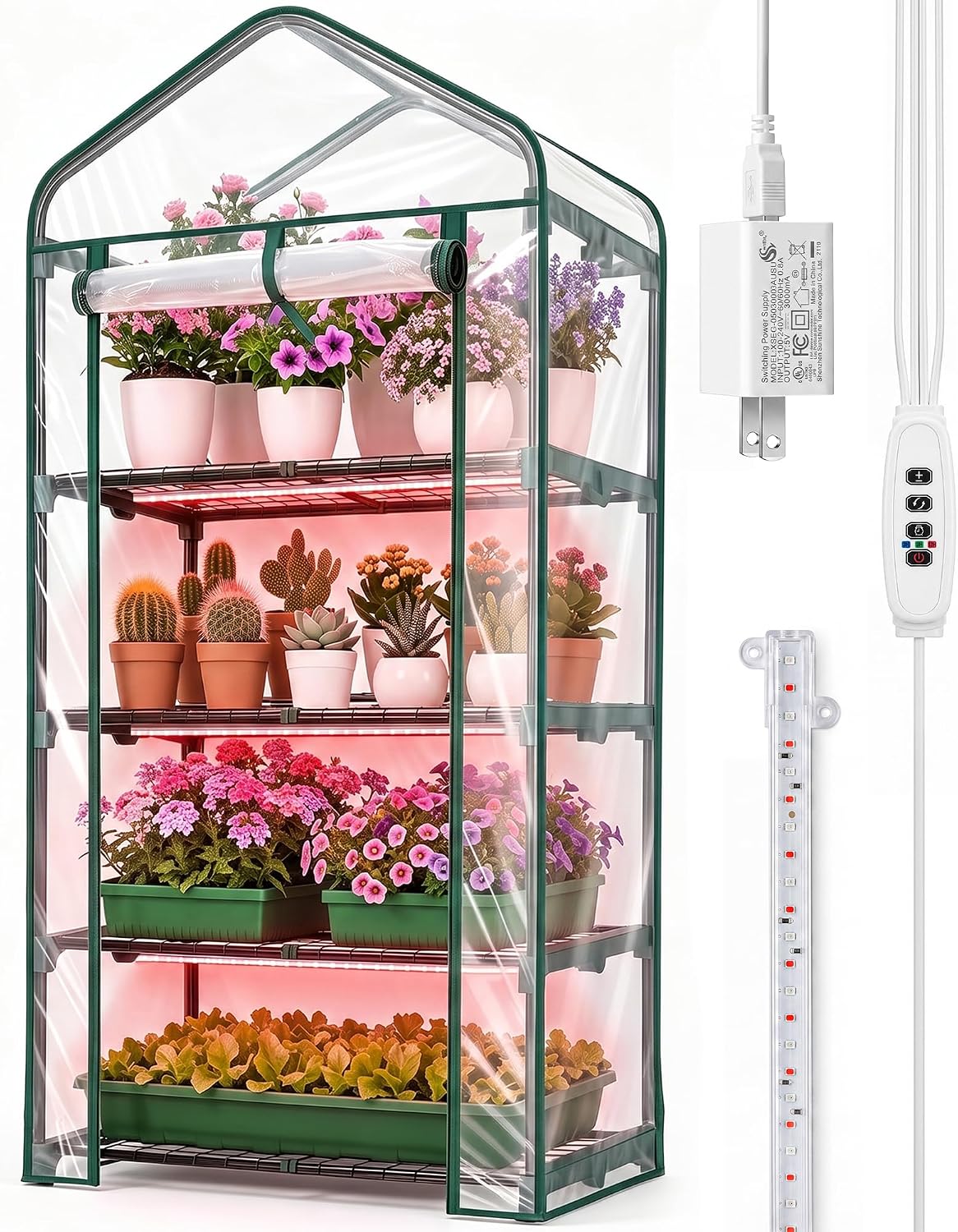 VECELO 4-Tier Greenhouse with LED Grow Light  Portable Plant Green House