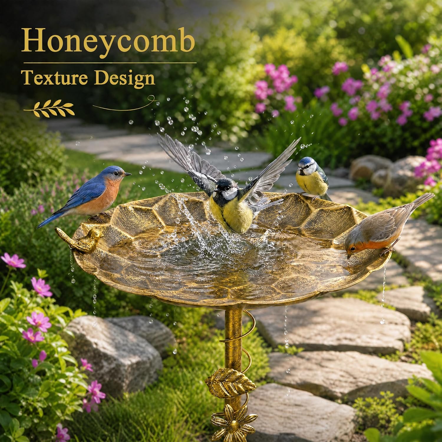 VECELO Antique Gold Metal Bird Bath for Outside