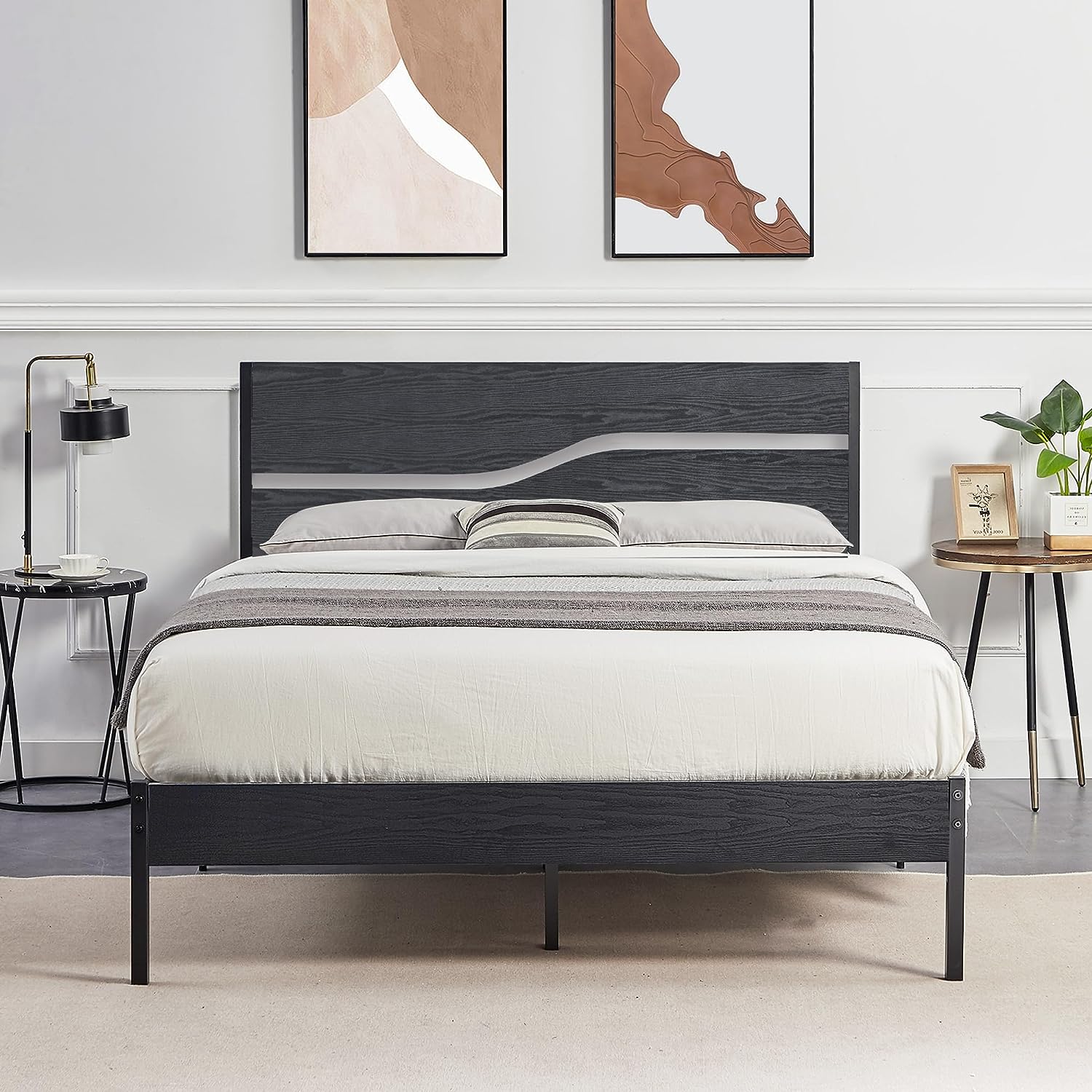 VECELO Platform Bed Frame/Mattress Foundation with Rustic Vintage Wood Headboard