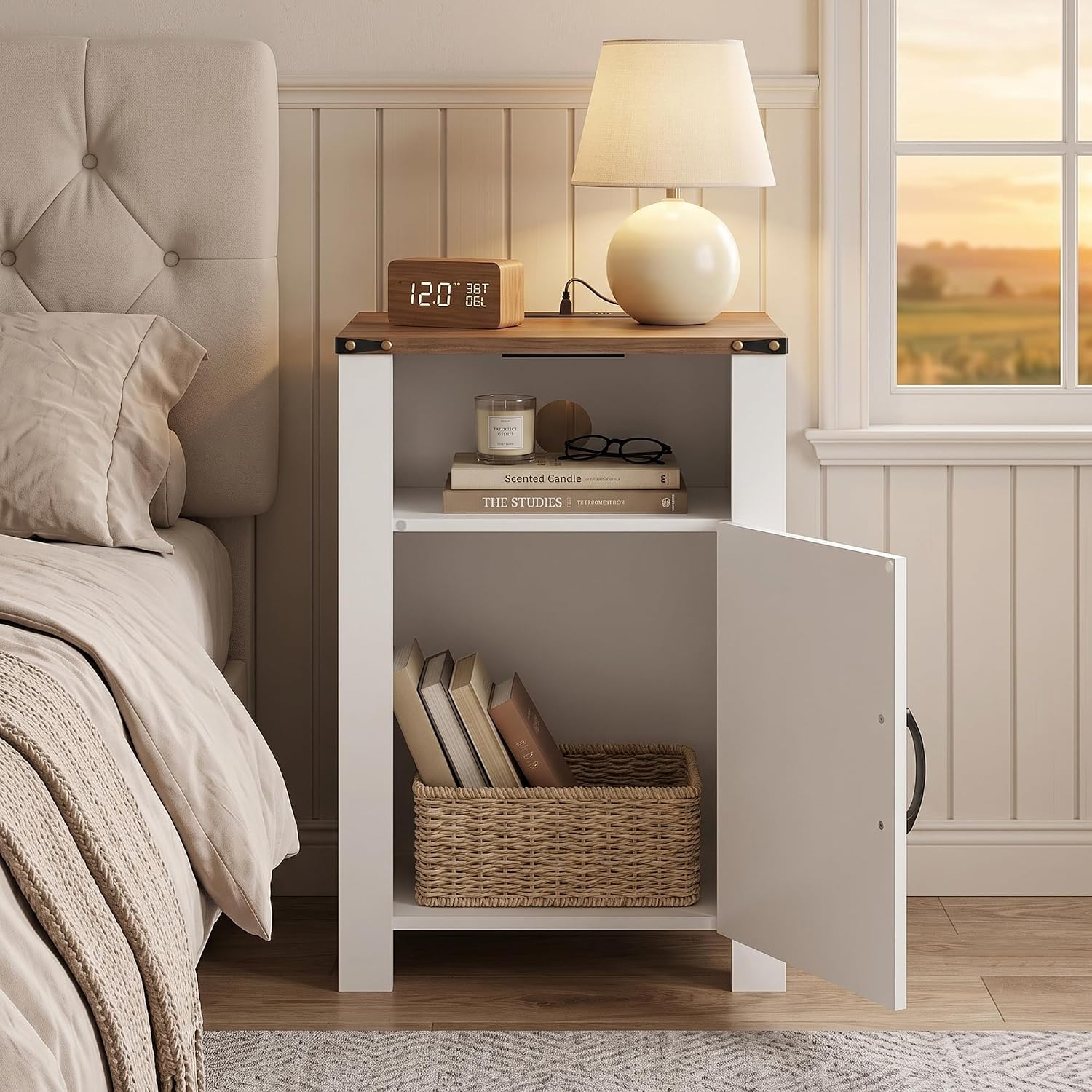 VECELO Farmhouse Nightstand with Charging Station