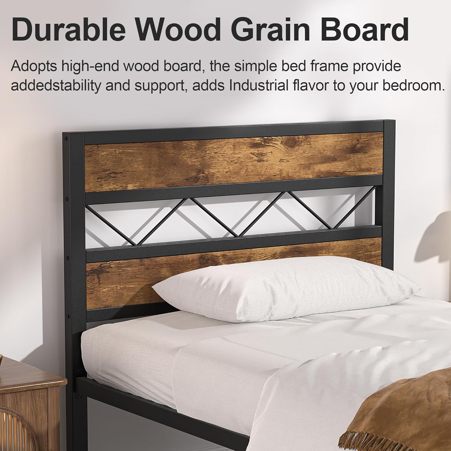 VECELO Metal Platform Bed Frame with Rustic Vintage Wooden Headboard