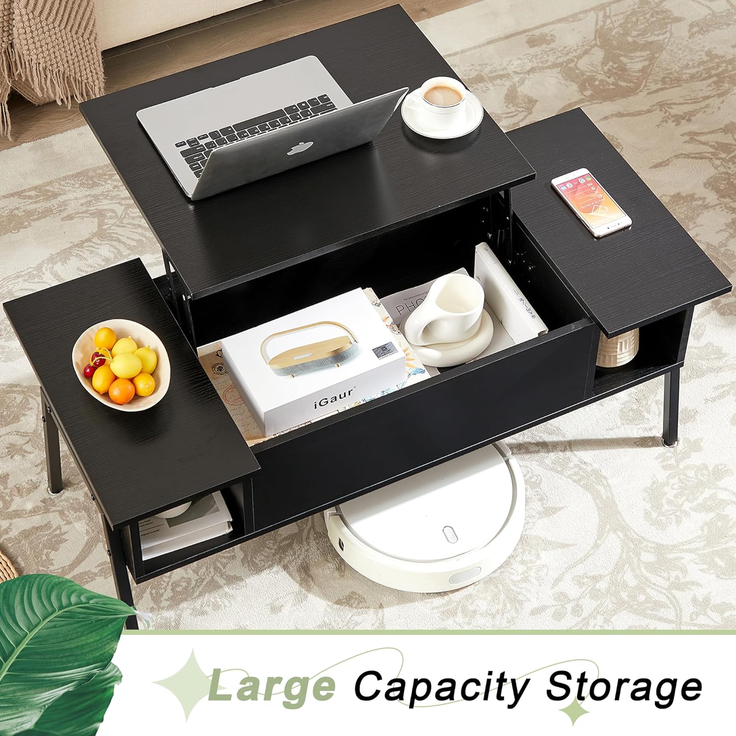 VECELO Wood Lift Top Coffee Table with Hidden Compartment and Storage Shelf