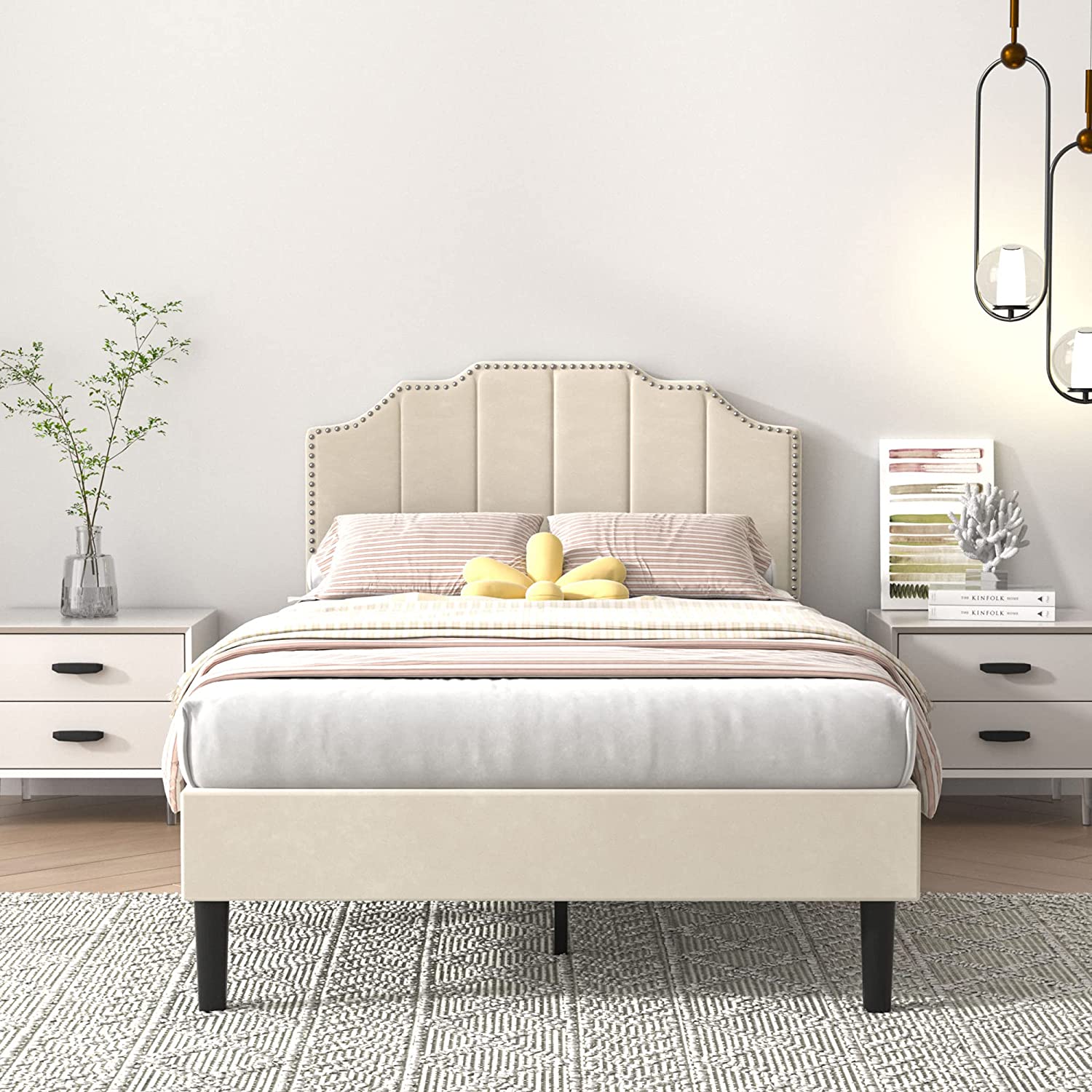 Upholstered Platform Bed Frame with Tufted Adjustable Headboard