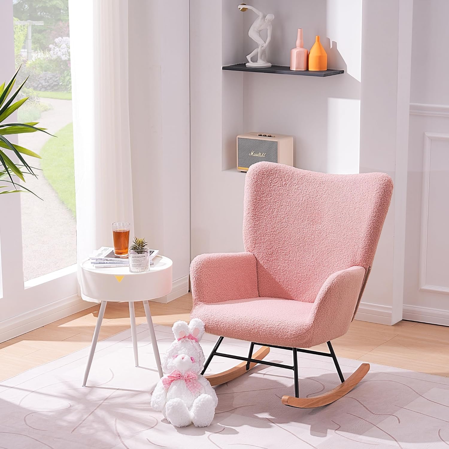 VECELO Rocking Chair, Modern Upholstered Teddy Fabric Nursery Glider with Padded Seat