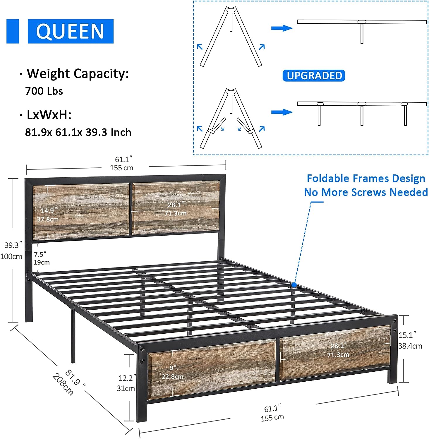 Platform Bed Frame/Mattress Foundation with Rustic Vintage Wood Headboard