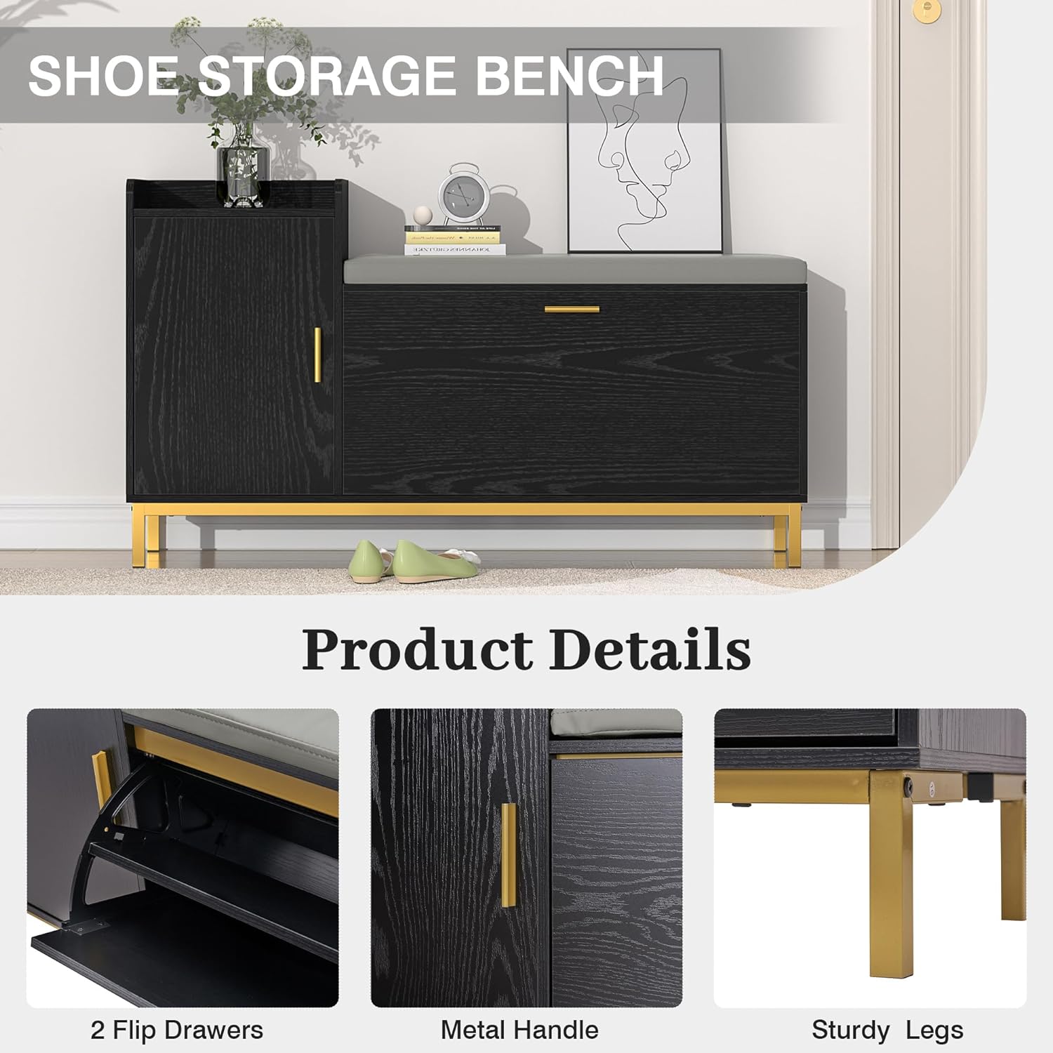 VECELO Shoe Storage Bench with Flip Drawers Entryway Cabinet with Removable Seat Cushion