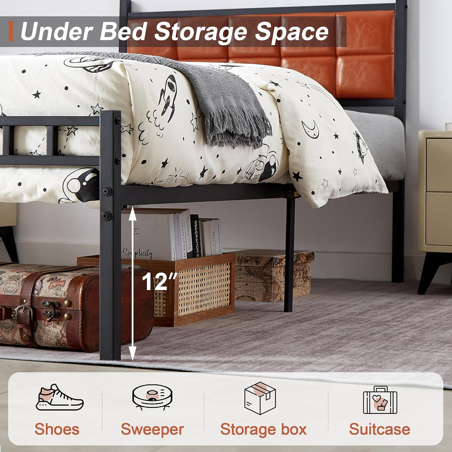 VECELO Bed Frame with PU Upholstered Headboard Metal Slats Support, No