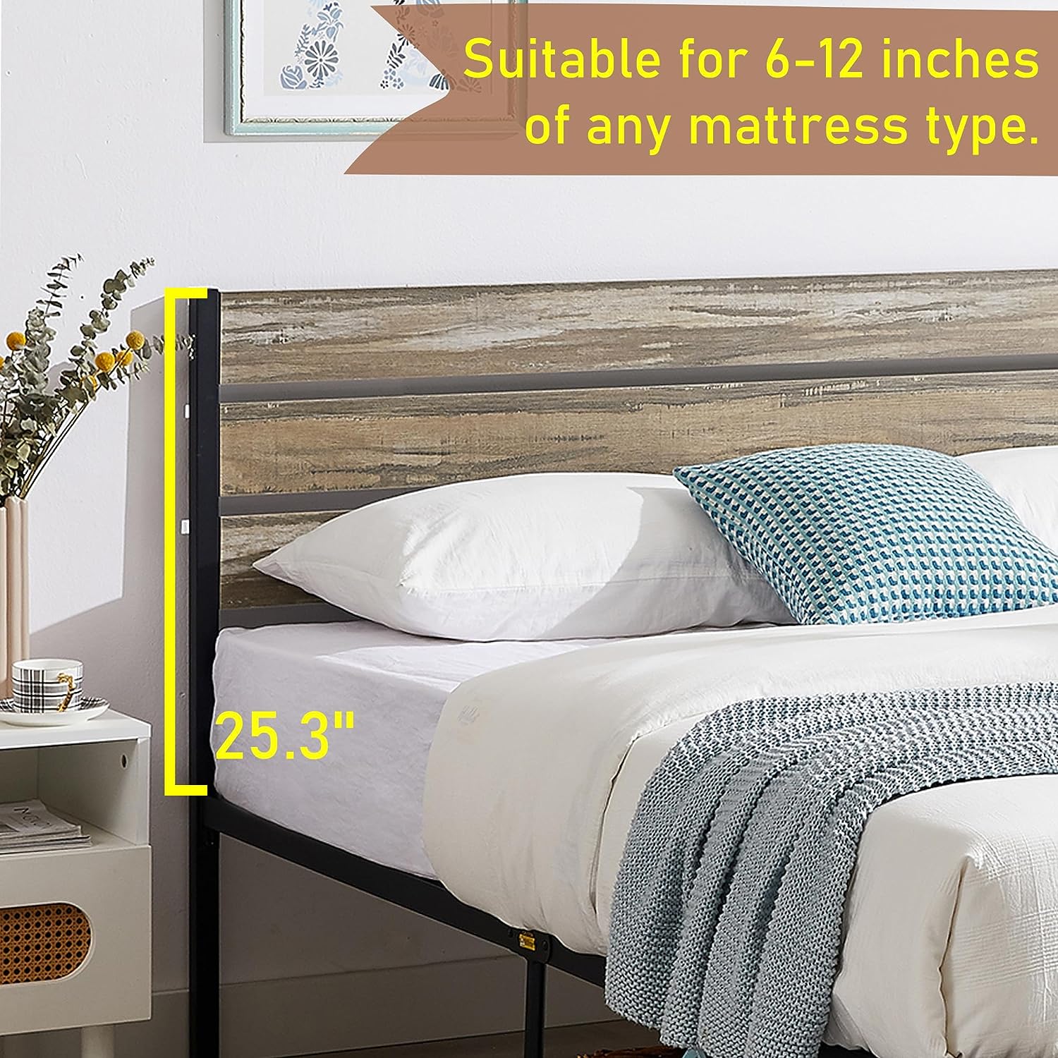 VECELO Platform Bed Frame with Rustic Vintage Wood Headboard/Strong Metal Slats Support