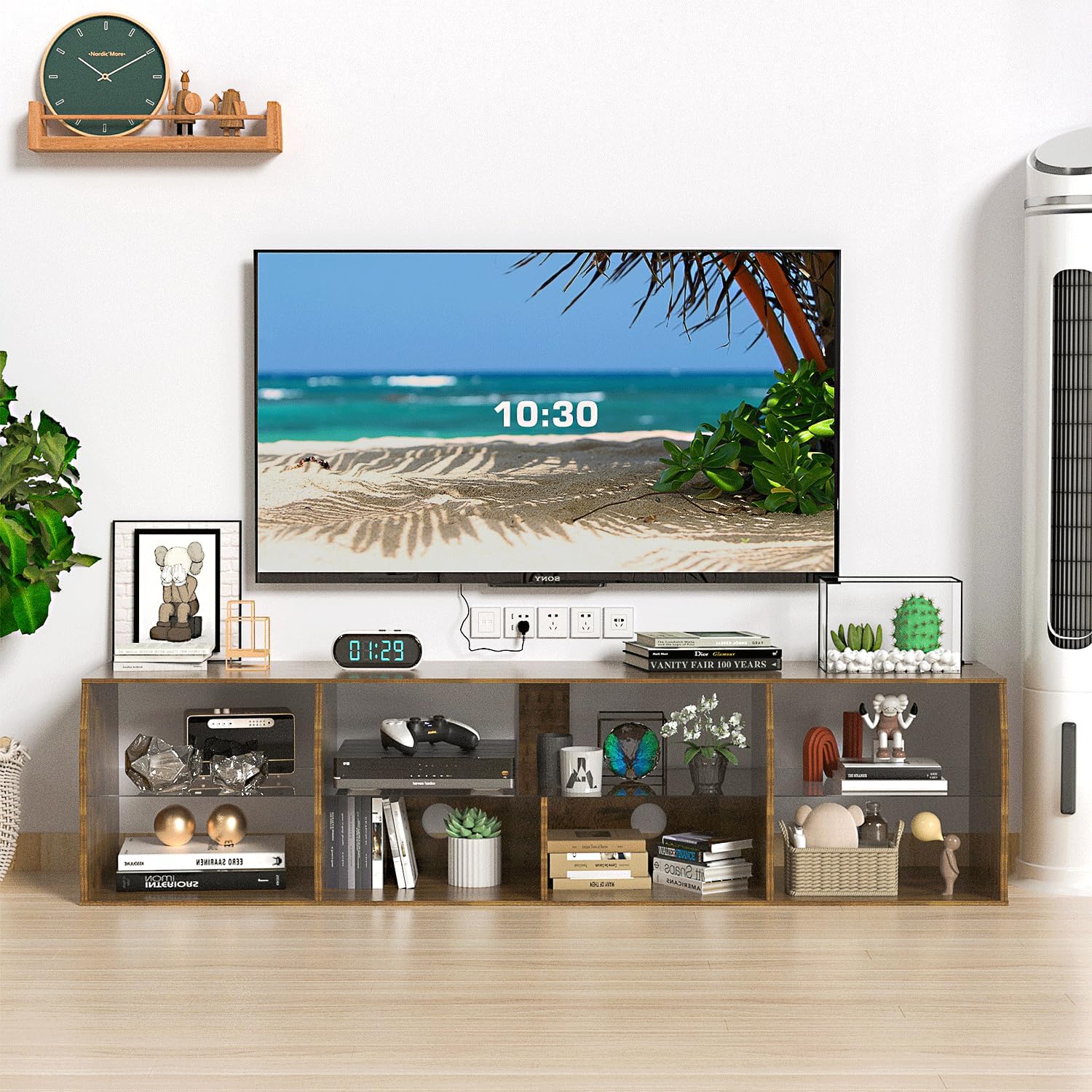 VECELO TV Stand with LED Strip & Power Outlets, Industrial Entertainment Center