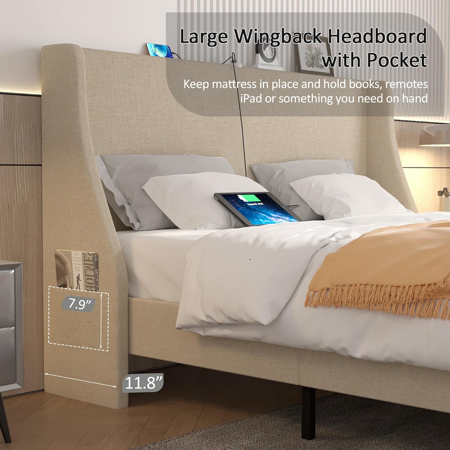 VECELO Bed Frame with Upholstered Wingback Headboard - VECELO