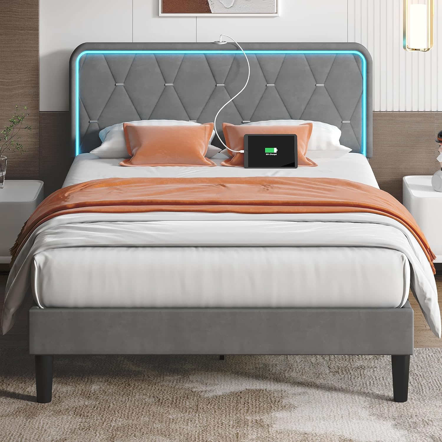 VECELO Upholstered Bed Frame with LED Lights, Charging Station, Velvet Platform Bed