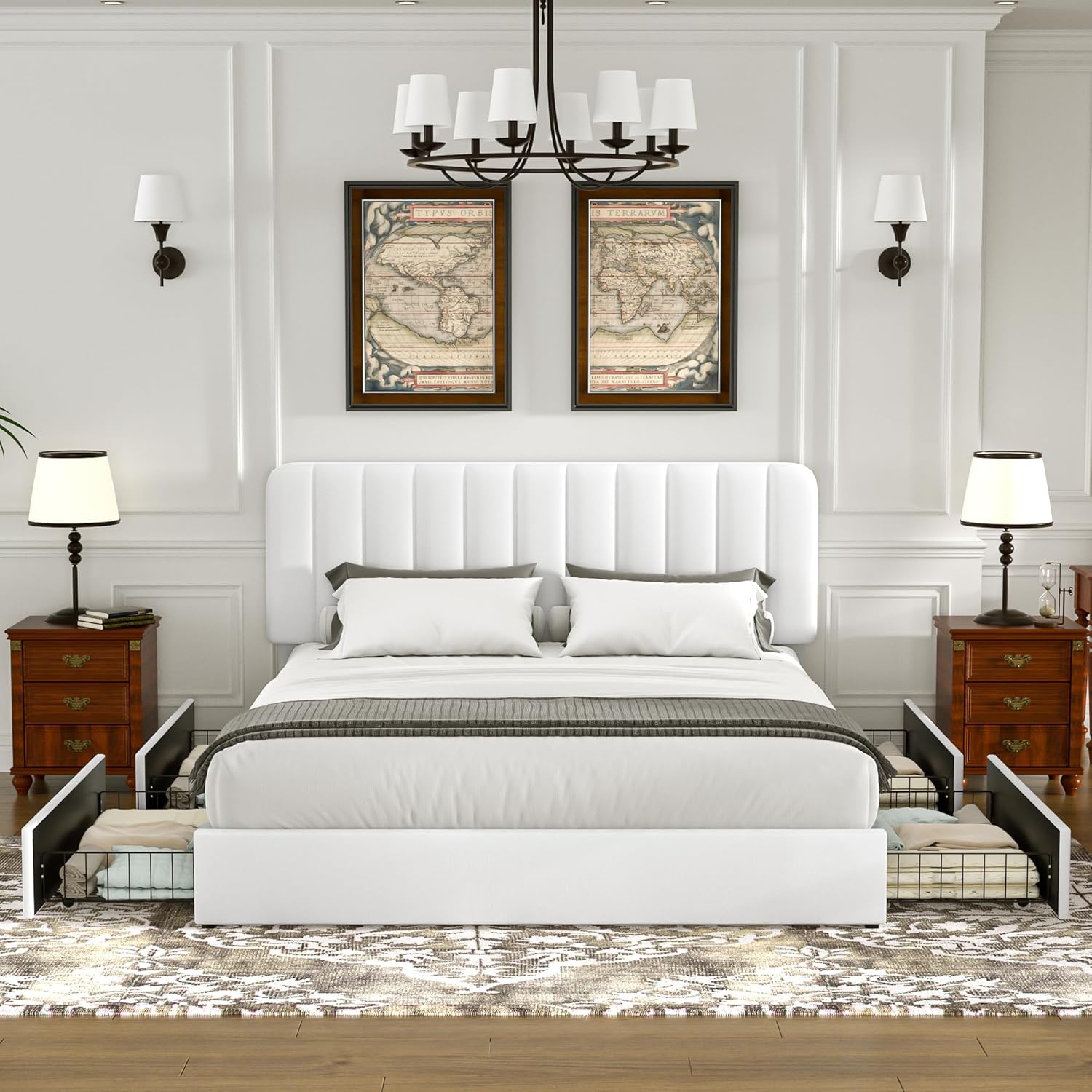 VECELO King Size Upholstered Bed Frame with 4 Drawers and Headboard