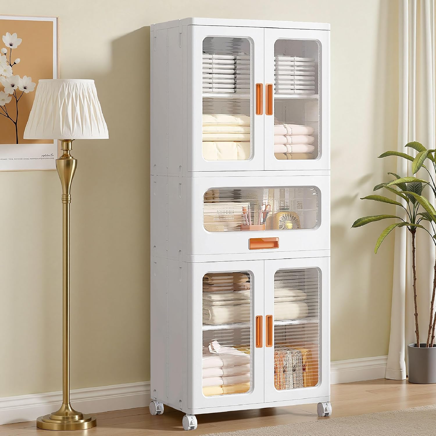 VECELO 226QT Stackable Storage Bins with Lids, Large Collapsible Storage Bins with Drawer and Movable Wheels