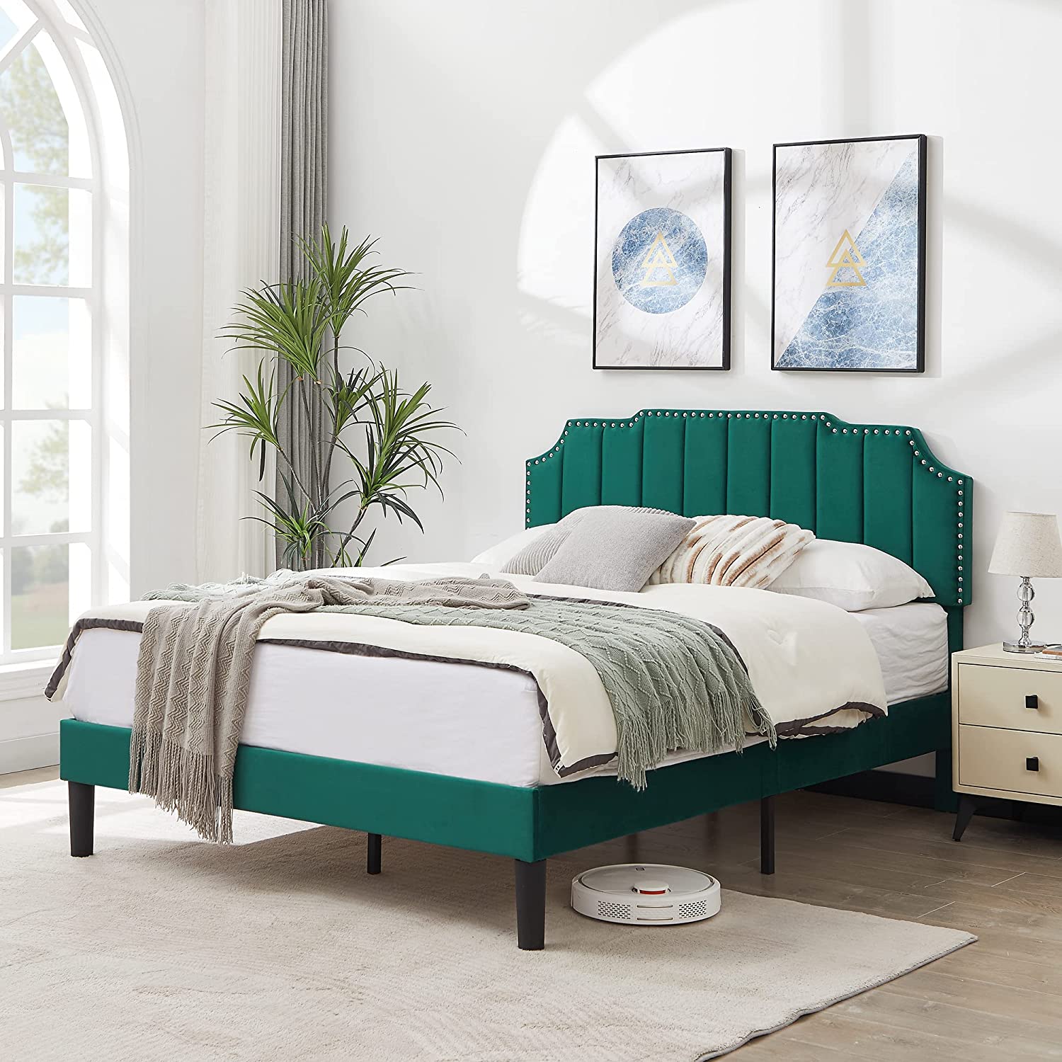 Upholstered Platform Bed Frame with Tufted Adjustable Headboard