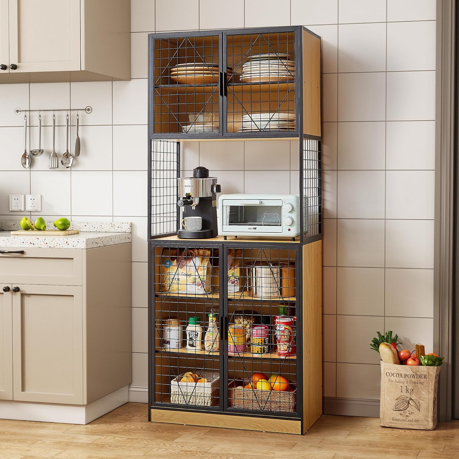 VECELO 72in Tall Kitchen Pantry Cabinet with Doors and Shelves Large Freestanding Storage Cupboard with Countertop Hutch