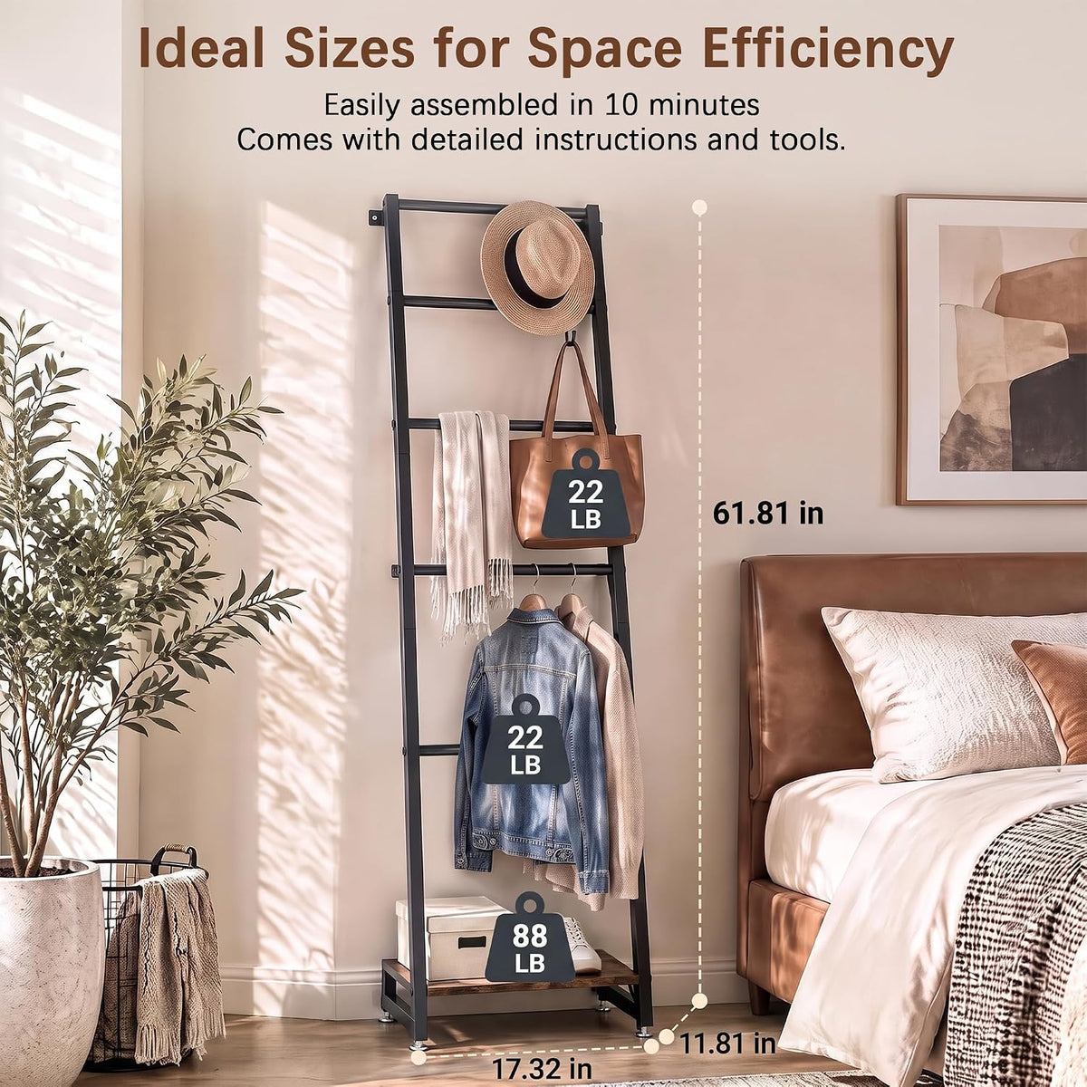 VECELO Blanket Ladder 5‑Tier Metal Ladder Shelf with Bottom Storage Shelf for Living Room and Bedroom