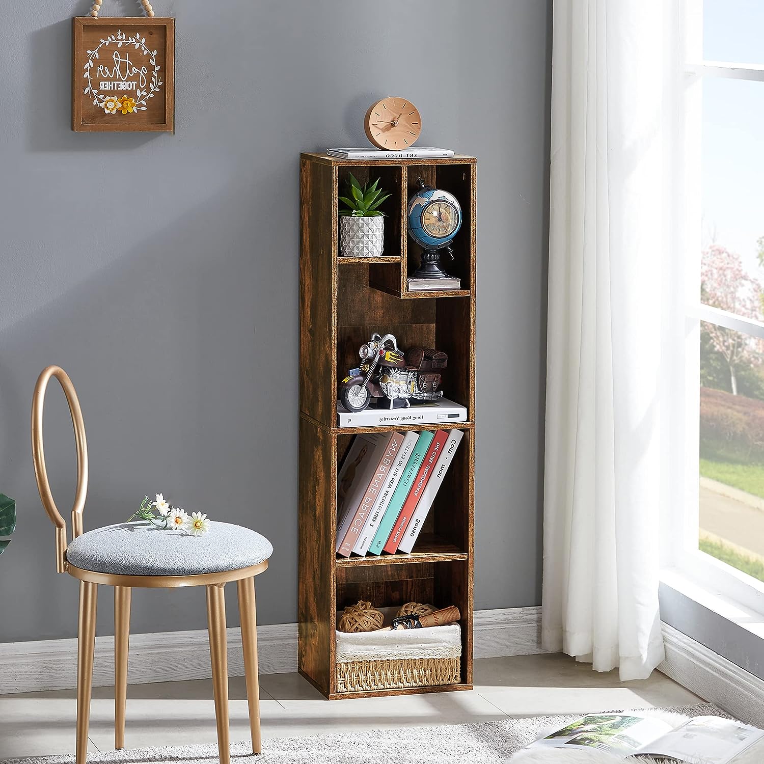 VECELO Modern 3-Tier Small Bookcase, 4 Cube/5 Cube Bookshelf/Storage Organizer for Living Room,Bedroom,Home Office