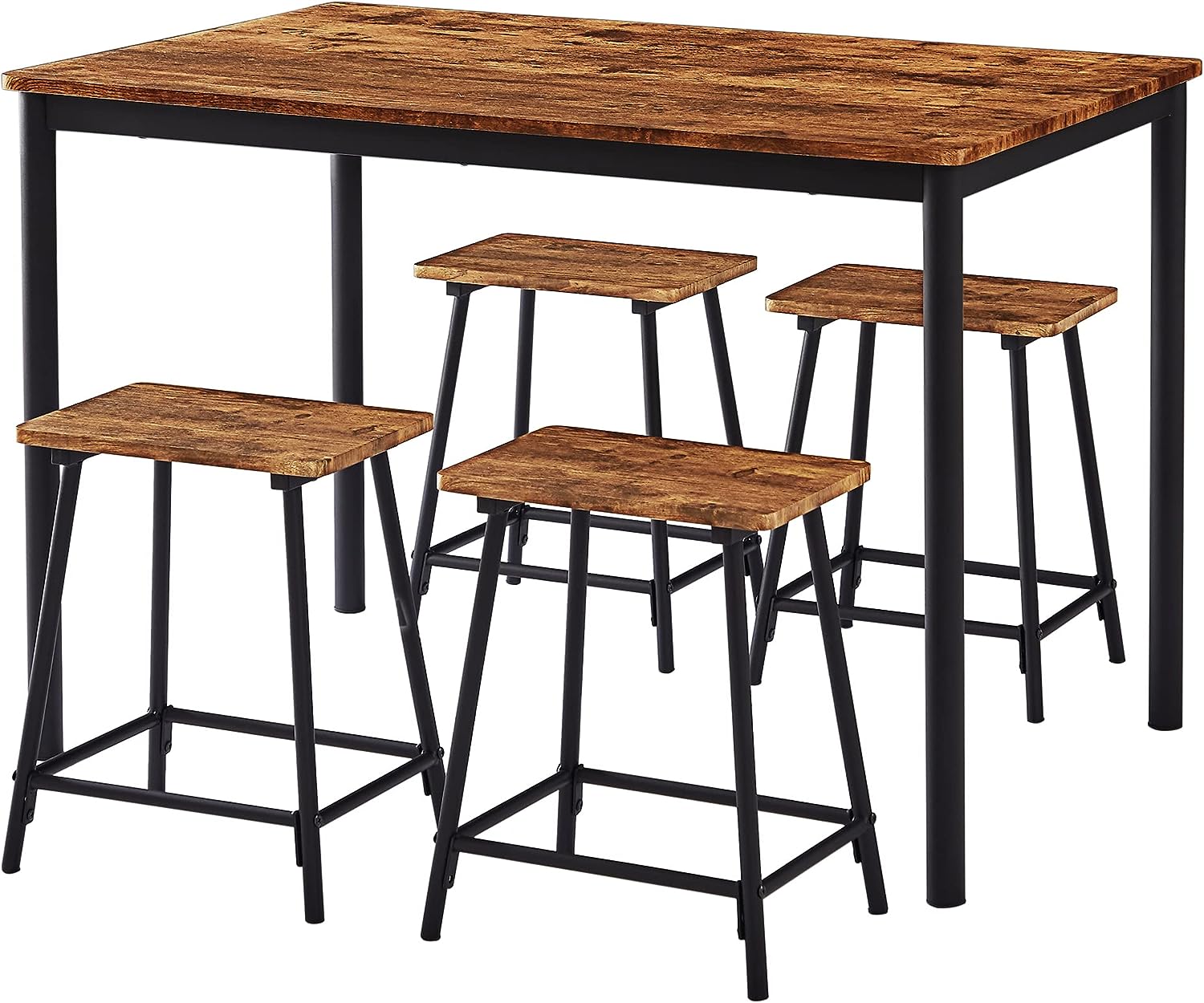 VECELO 5-Piece Dining Table Set Rectangular Bar Dinette Metal and Wood Kitchen Furniture with 4 Stools