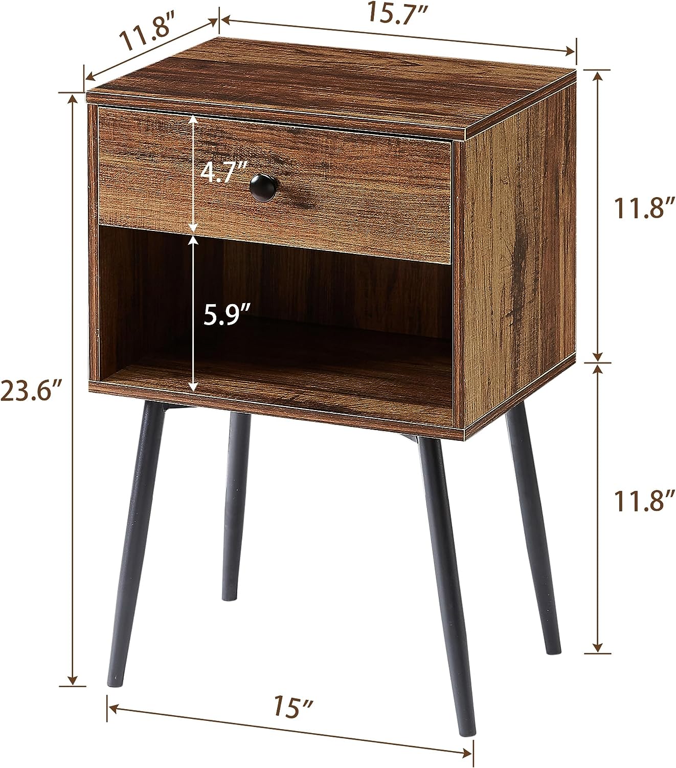 VECELO Mid-Century 2-Tier Modern NightStand/Side Table with Drawer & Open Storage Compartment for Living Room, Bedroom