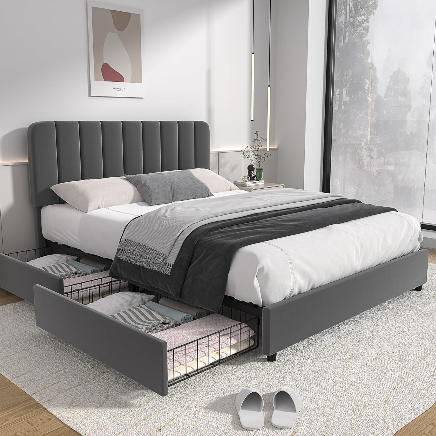 VECELO Upholstered Bed Frame with 4 Drawers and Adjustable Headboard