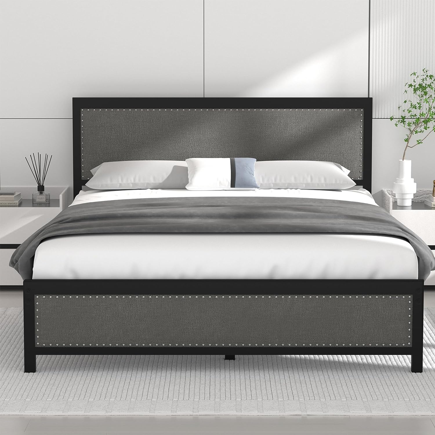 VECELO Bed Frame with Linen Fabric Headboard and Footboard No Box Spring Needed