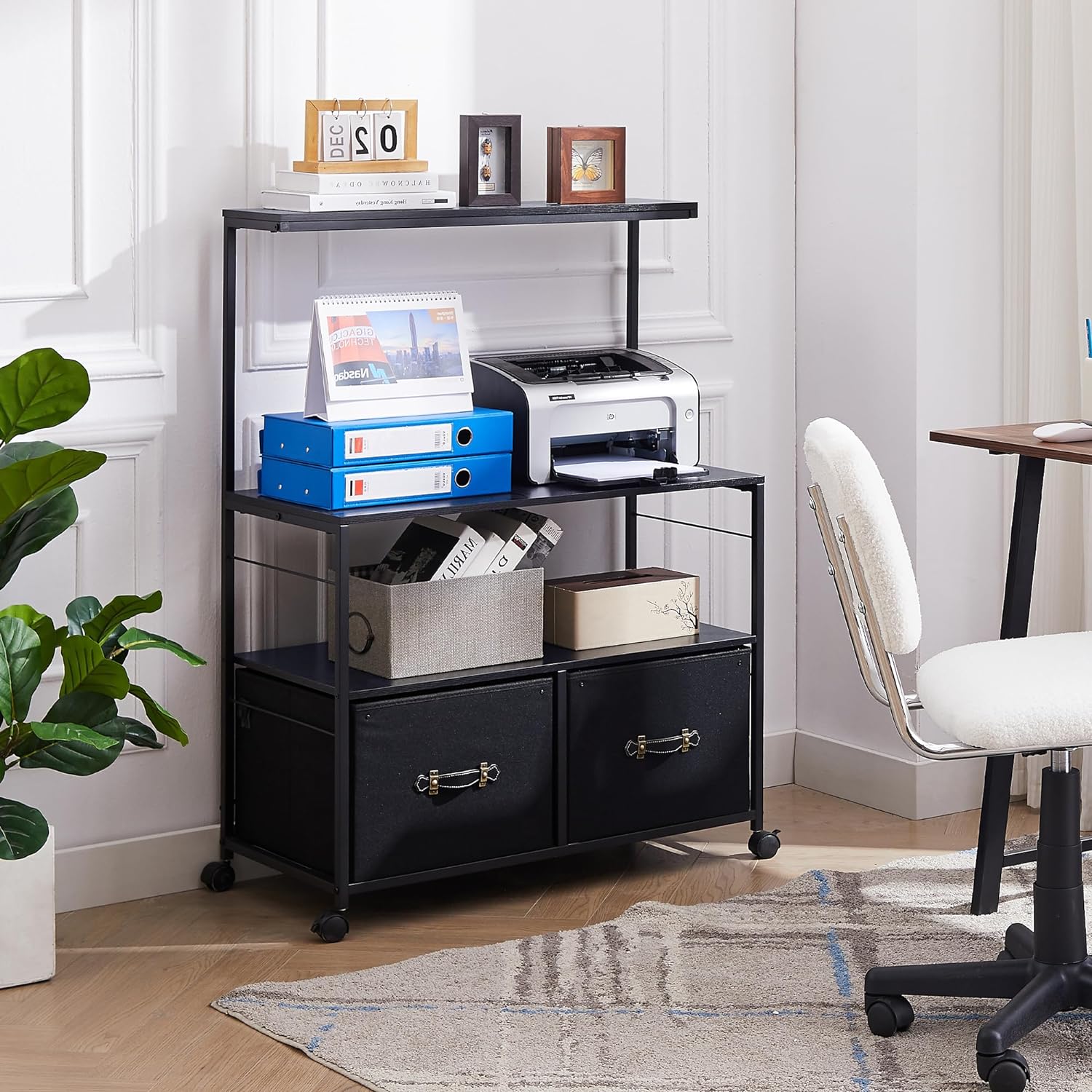 VECELO Lateral File Cabinet with 2 Big Rolling Printer Stand with 3 Open Storage Shelf