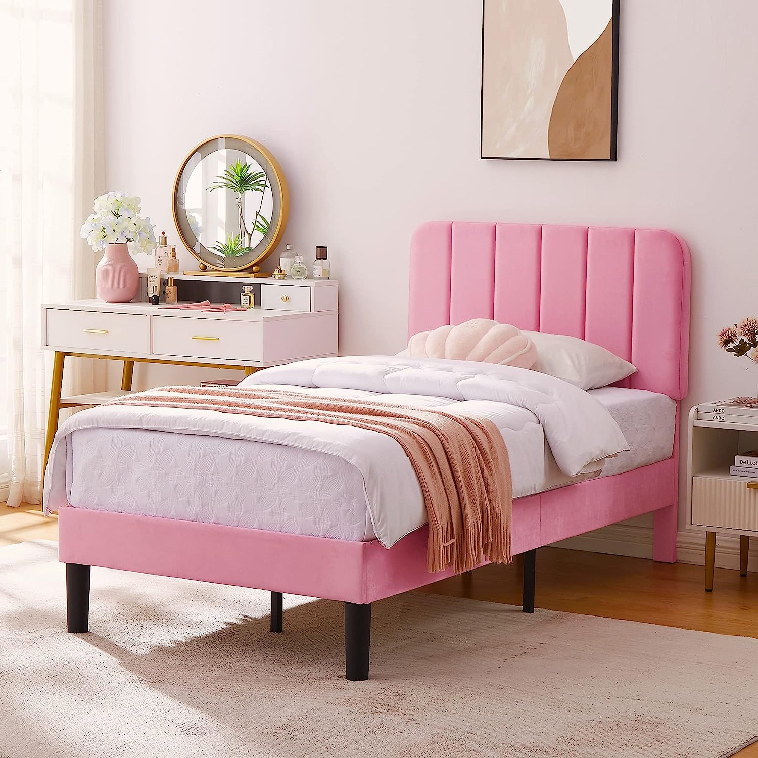 VECELO Upholstered Platform bedframe with Adjustable Headboard