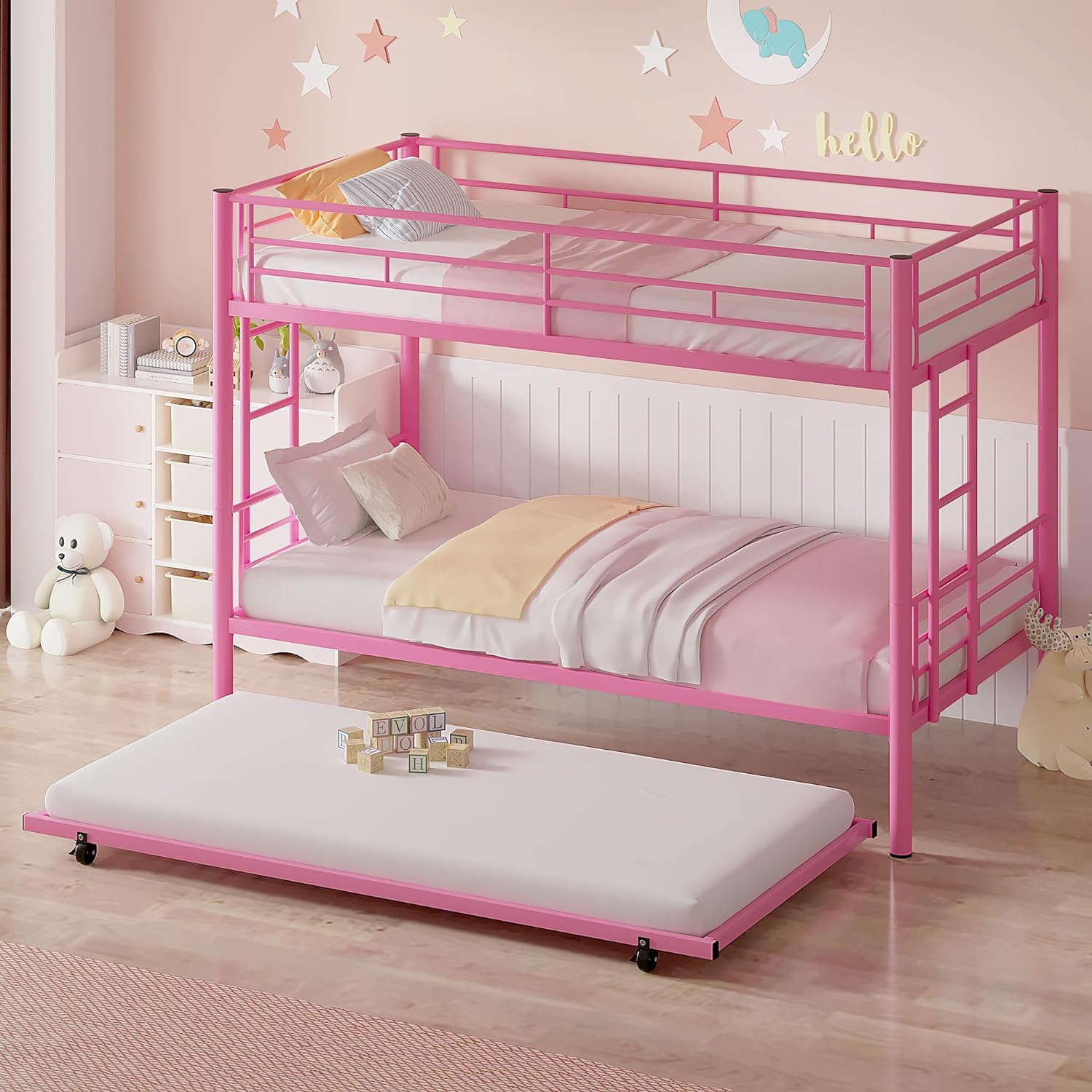 VECELO Bunk Bed Twin Over Twin with Trundle, Metal Bunkbeds with Ladde