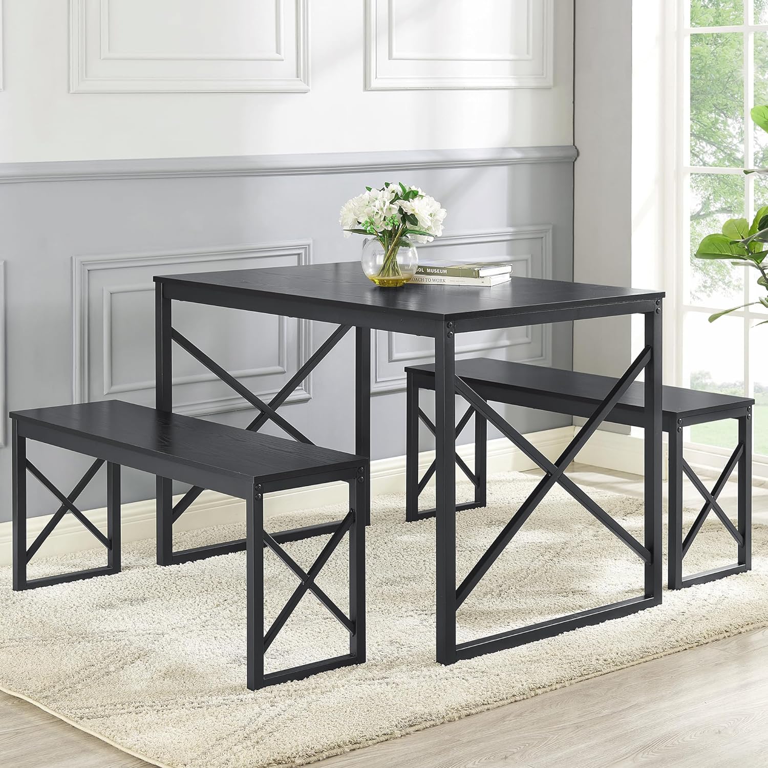 VECELO Kitchen Table with 2 Benches for 4