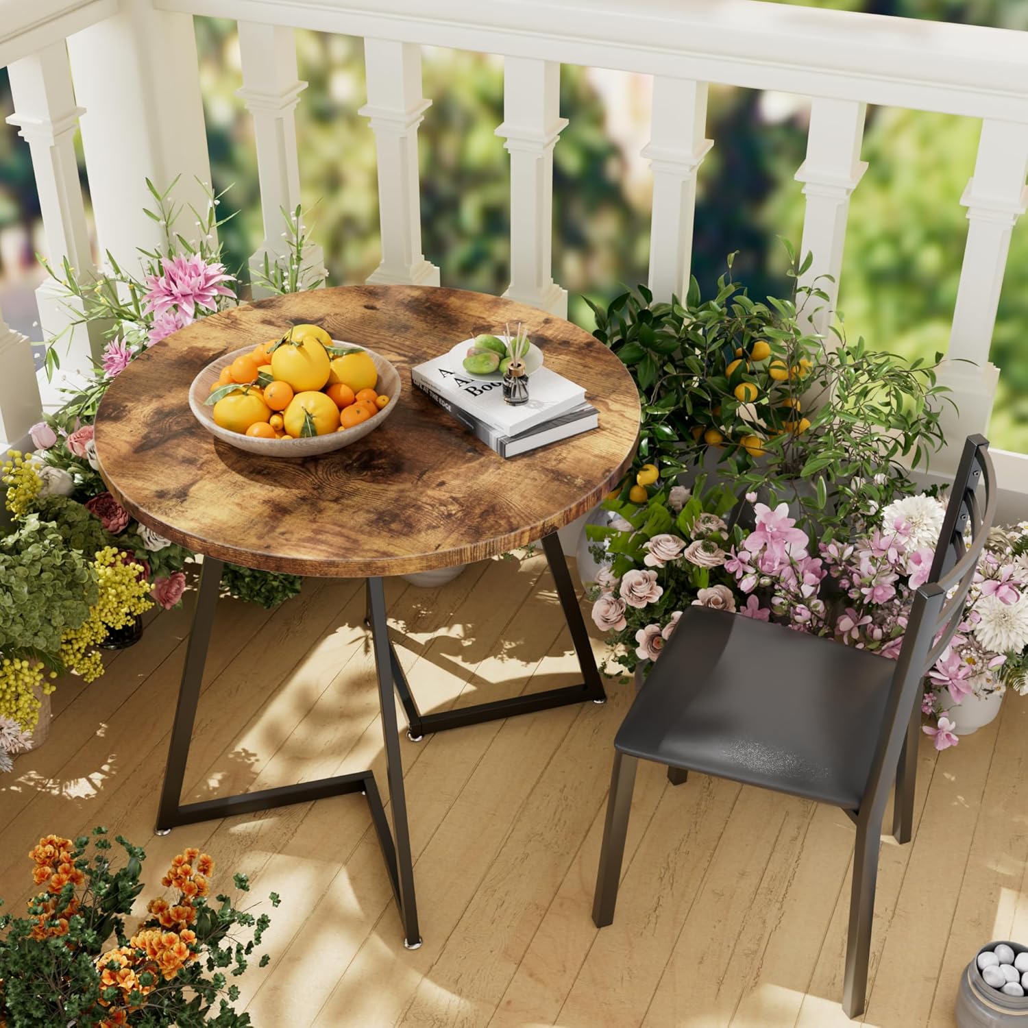 VECELO Round Dining Room Table with Wood Grain Tabletop and Steel Frame