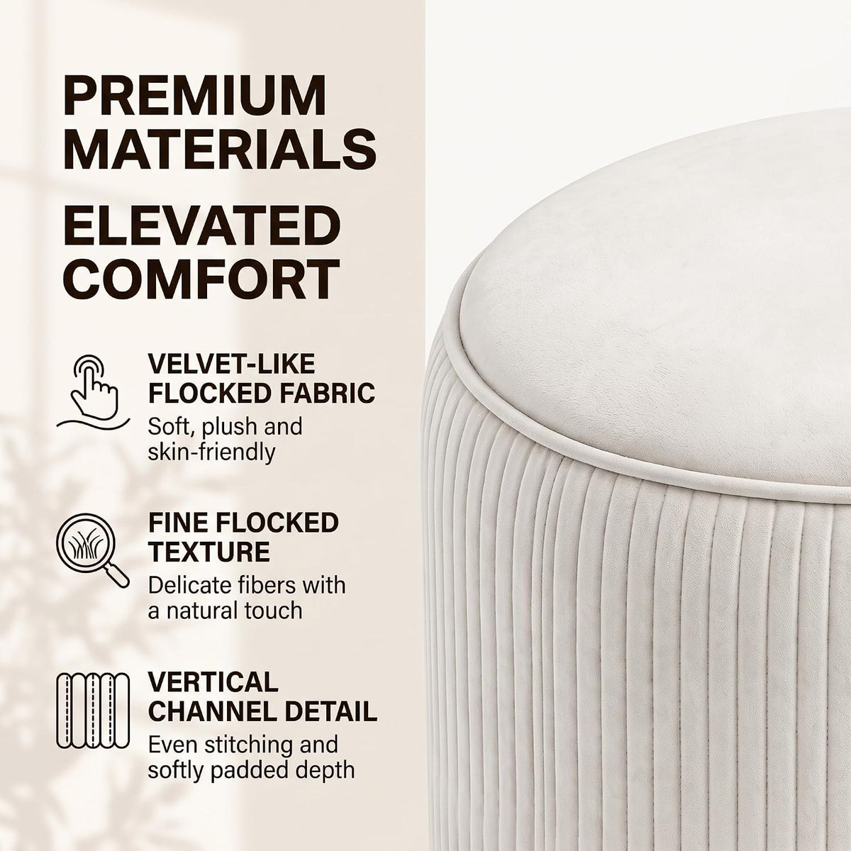 VECELO Round Velvet Storage Ottoman, Beige Upholstered Padded Vanity Stool,