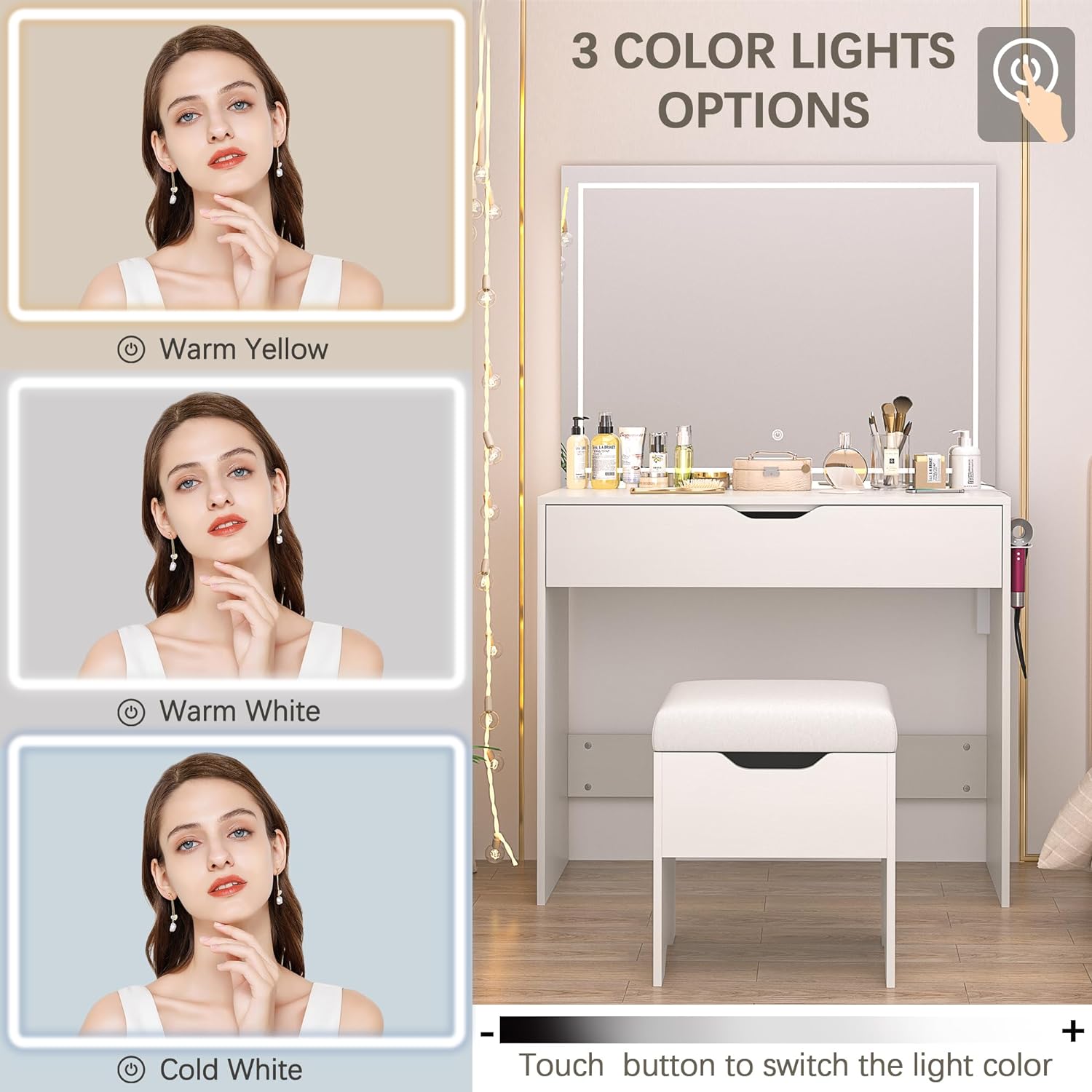 Vanity Desk Set with LED Adjustable Lighted Mirror & Power Outlet