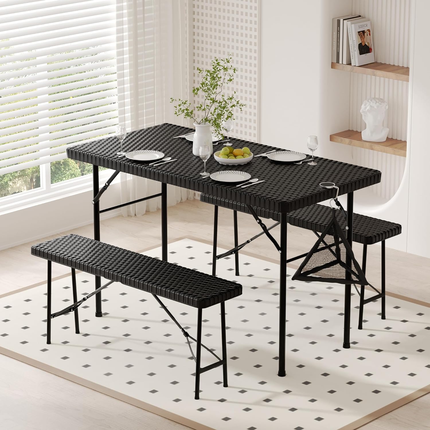VECELO Dining Set for 4, Faux Rattan Folding Table with 2 Benches