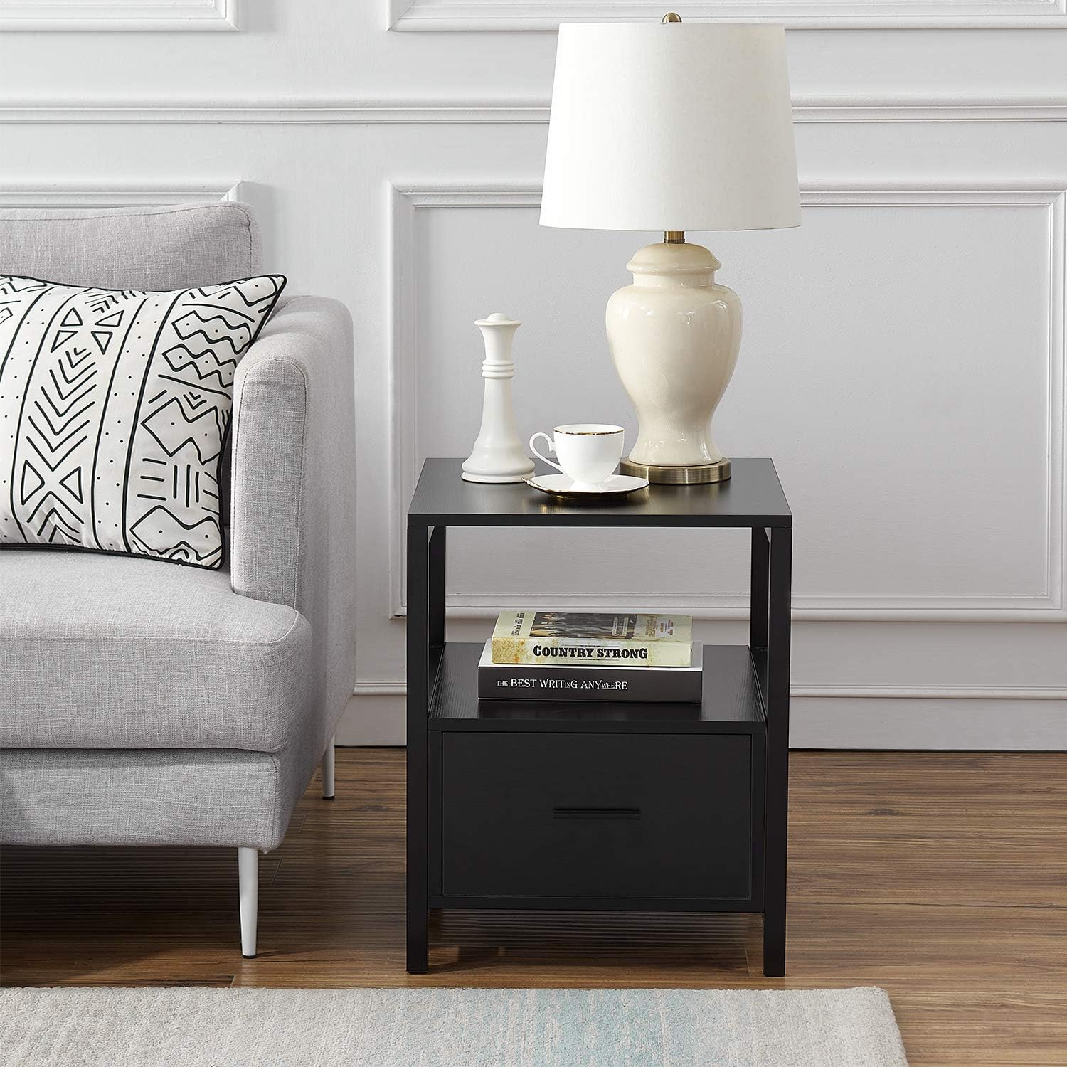 VECELO Nightstand/End/Bedside Table with Storage Drawer and Open Shelf with Steel Frame for Bedroom
