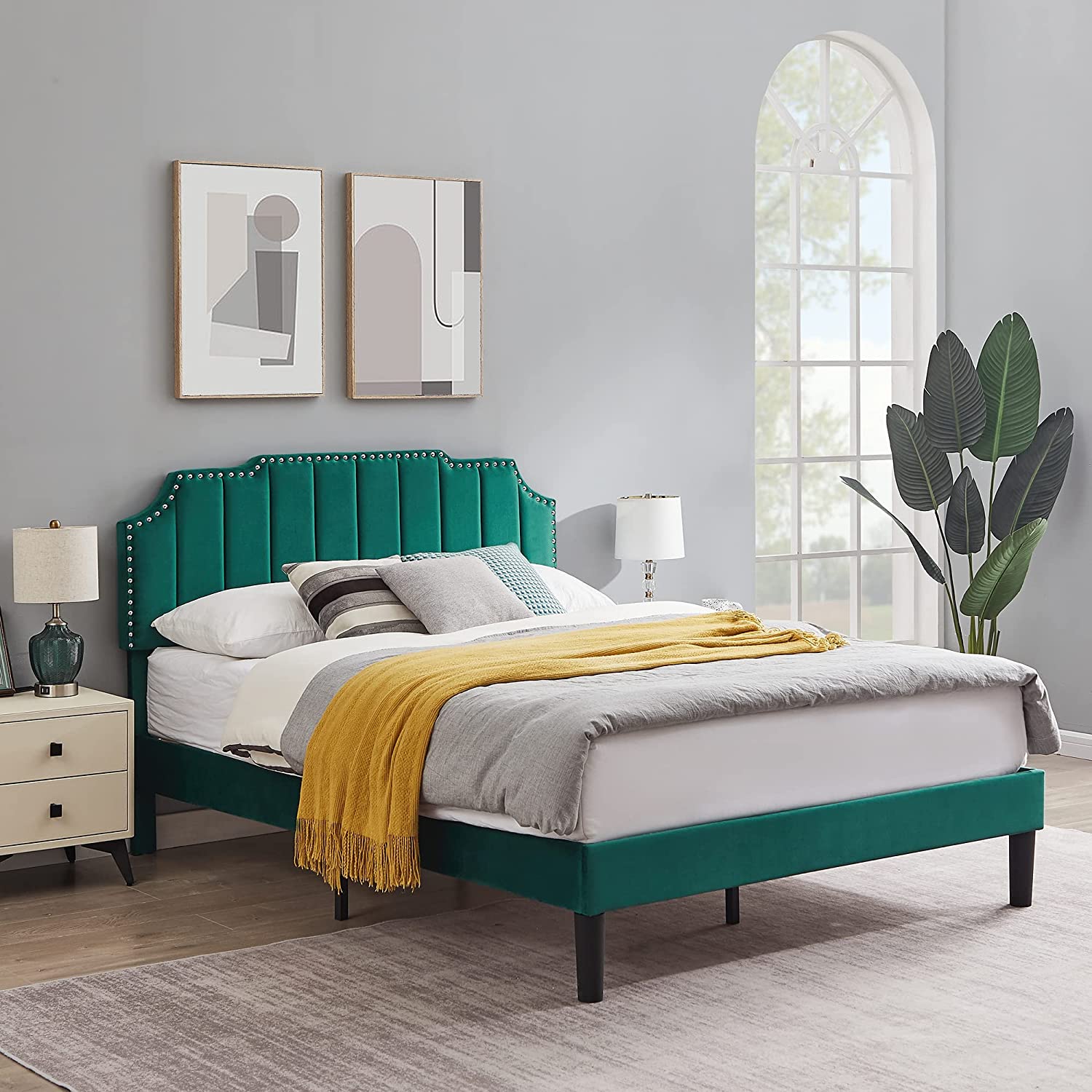 Upholstered Platform Bed Frame with Tufted Adjustable Headboard