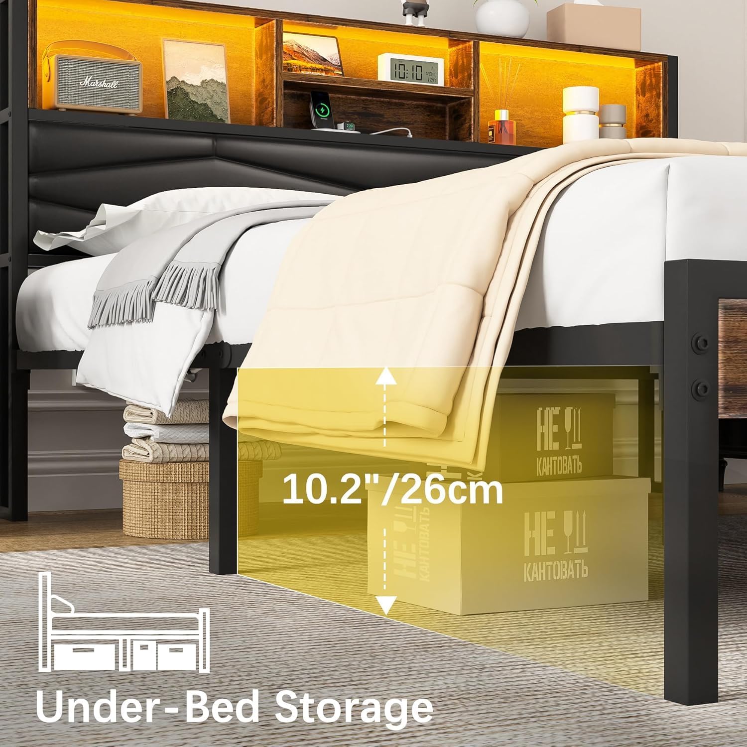 VECELO Bed Frame with 2-Tier Storage Headboard and Charging Station