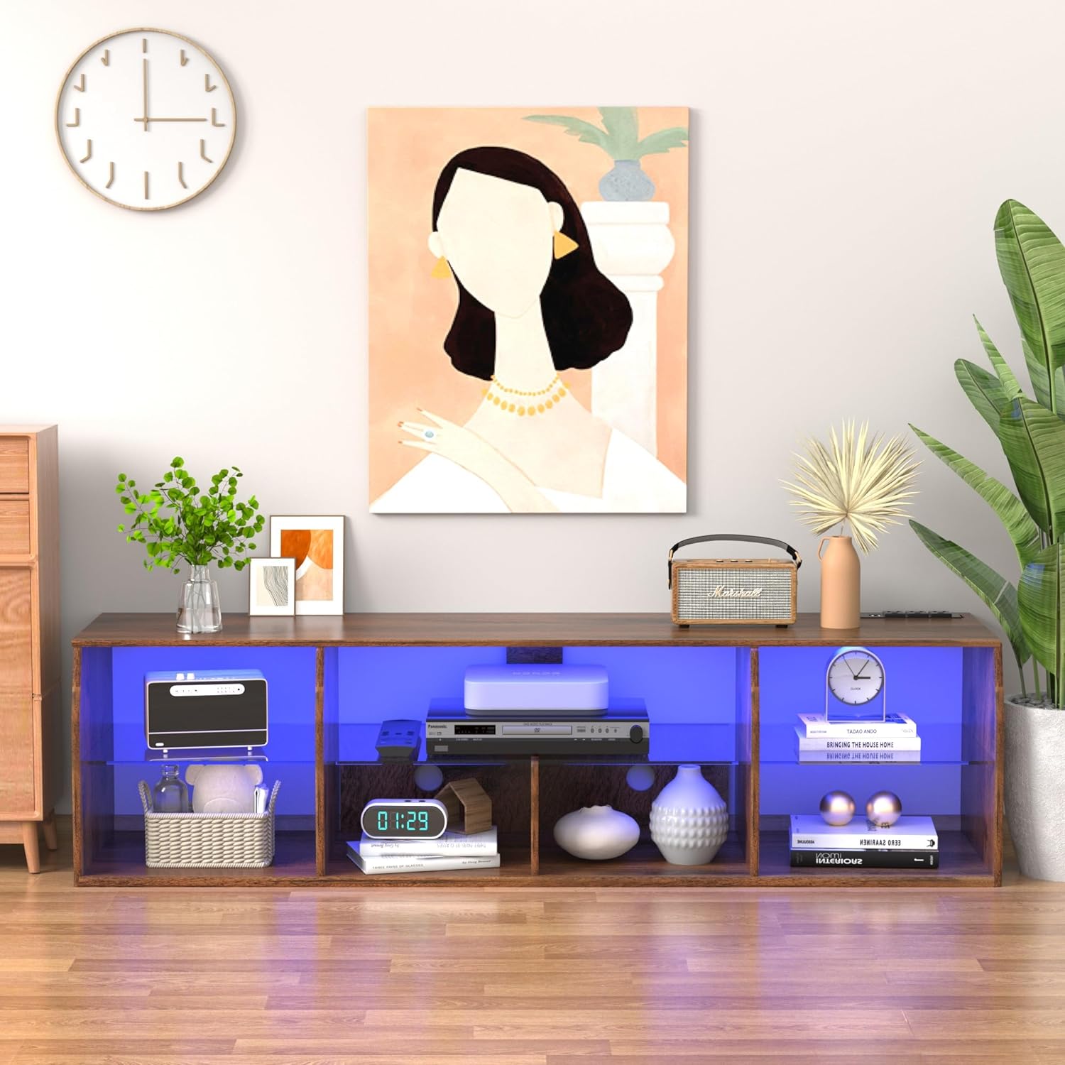 VECELO TV Stand with LED Strip & Power Outlets, Industrial Entertainment Center