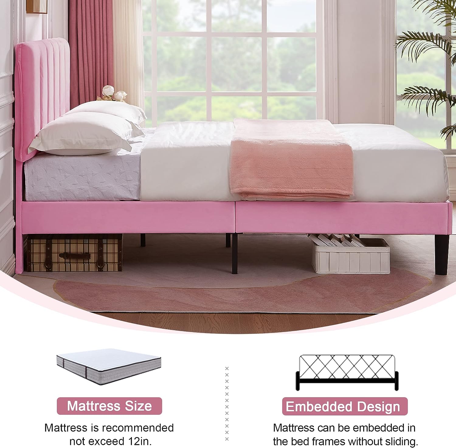 VECELO Modern Upholstered Platform Bedframe, Adjustable Headboard No Box Spring Needed