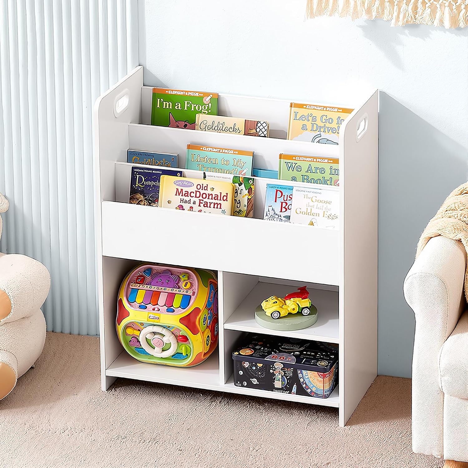 VECELO Kids Bookshelf & Toy Storage Organizer with Built-in Handles