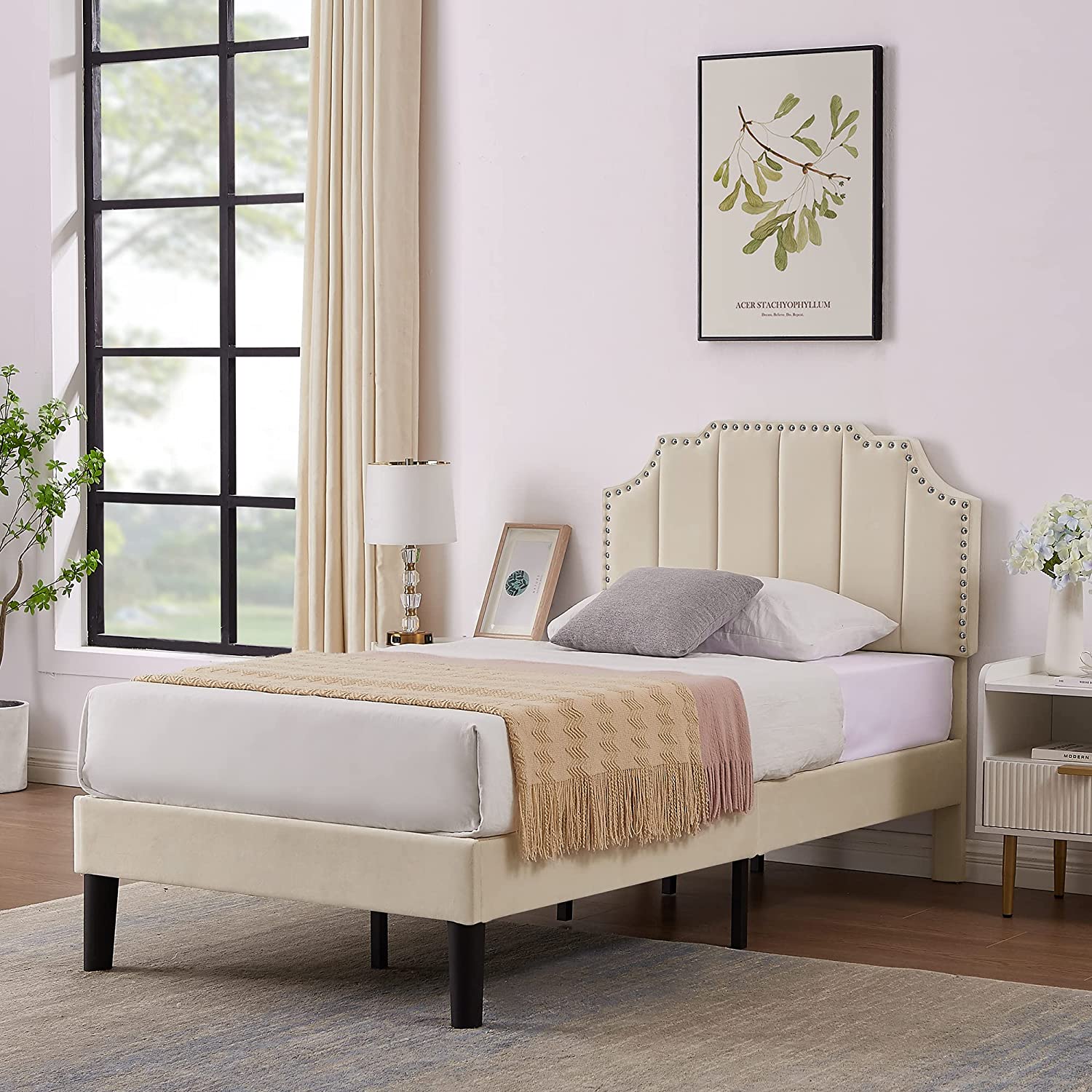 Upholstered Platform Bed Frame with Tufted Adjustable Headboard