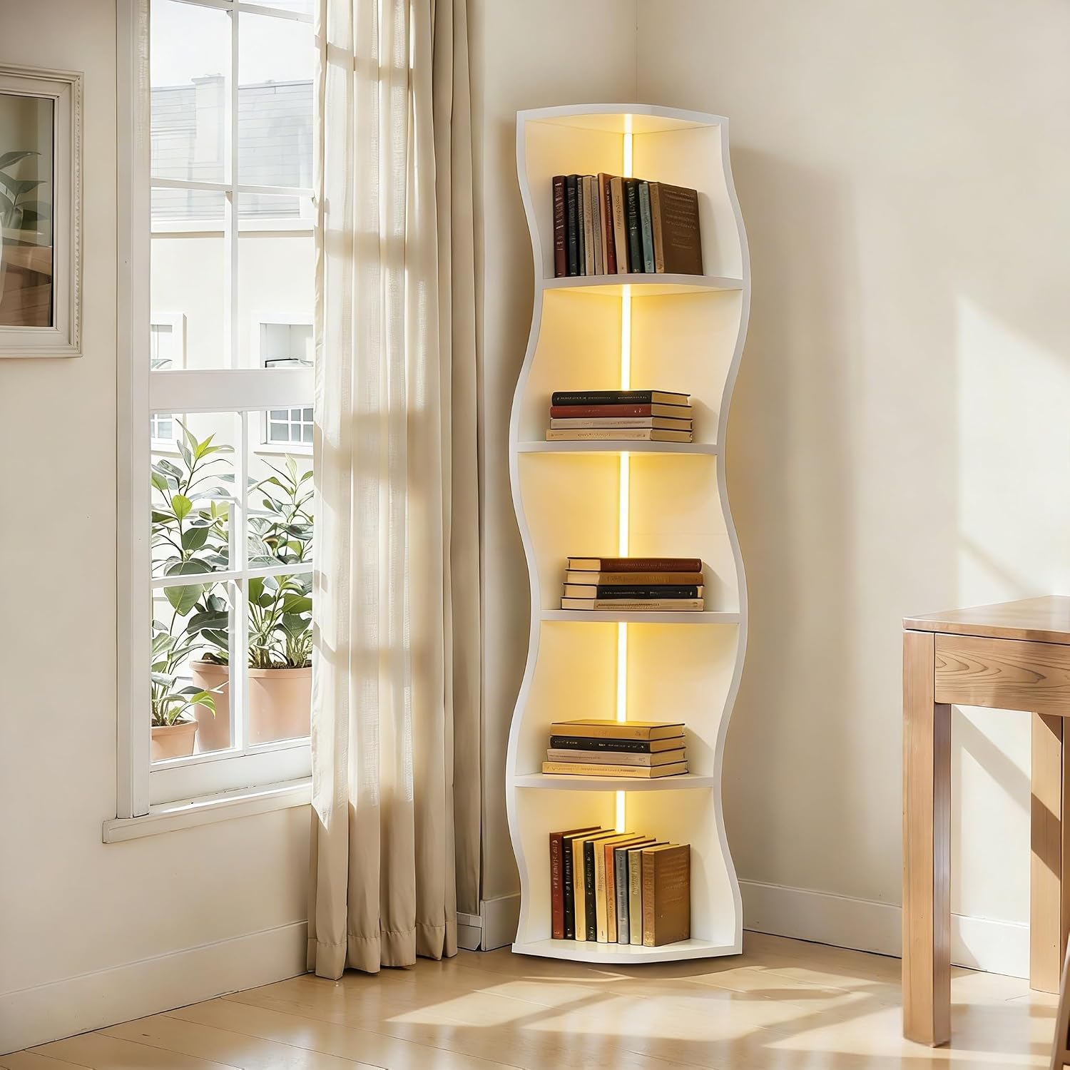 VECELO 6-Tier Compact Wave Corner Bookcase with LED Lights, Small Narrow Freestanding Bookshelf for Small Spaces