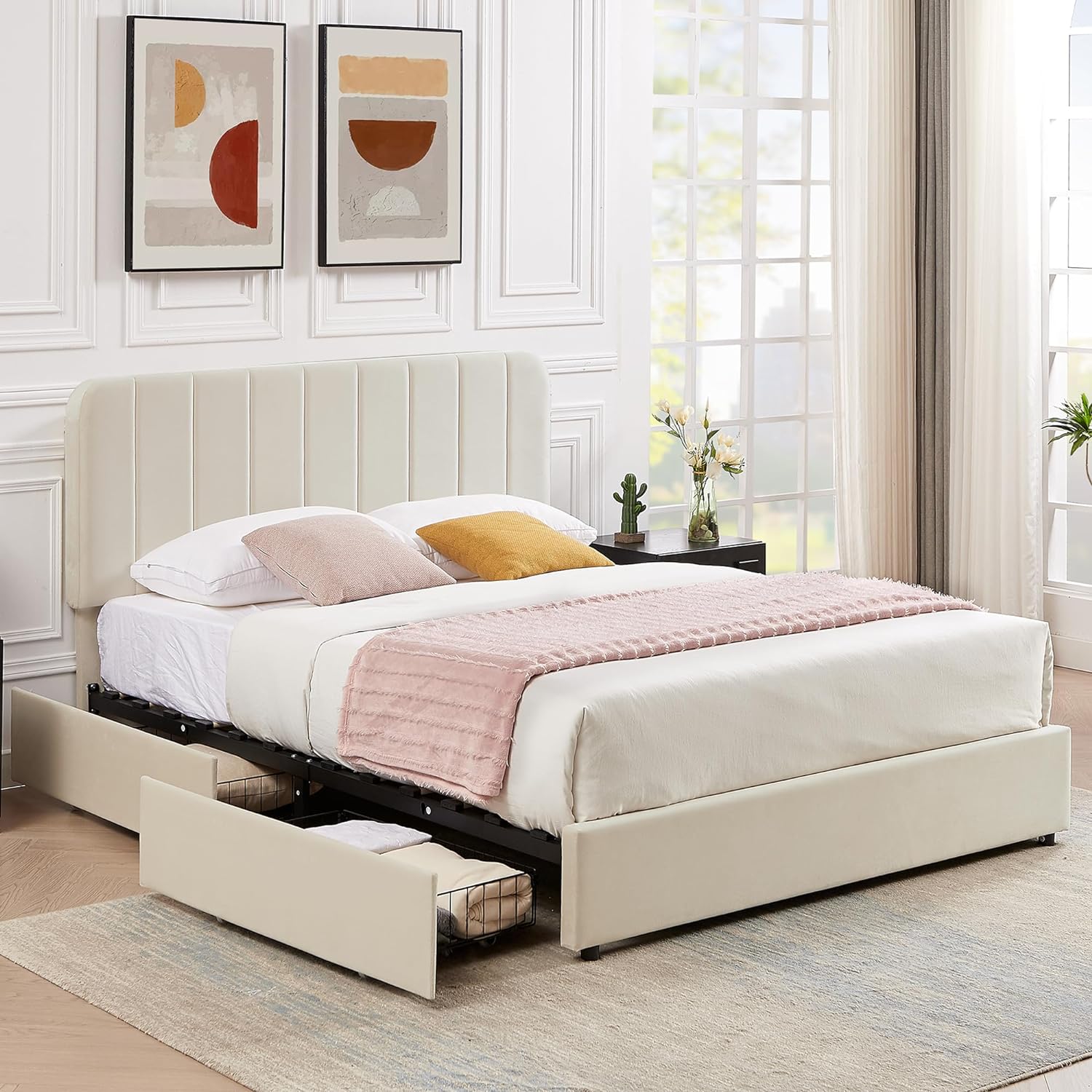 VECELO Upholstered Bed Frame with 4 Drawers and Adjustable Headboard