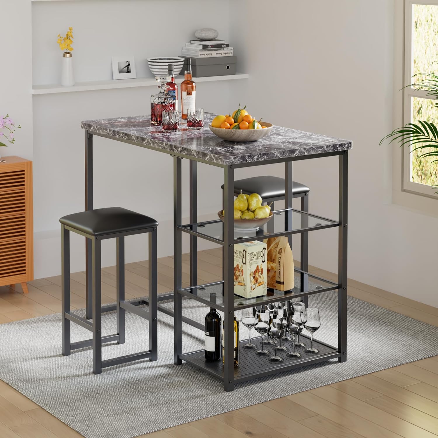 VECELO Small Bar Table and Chairs Set for 2