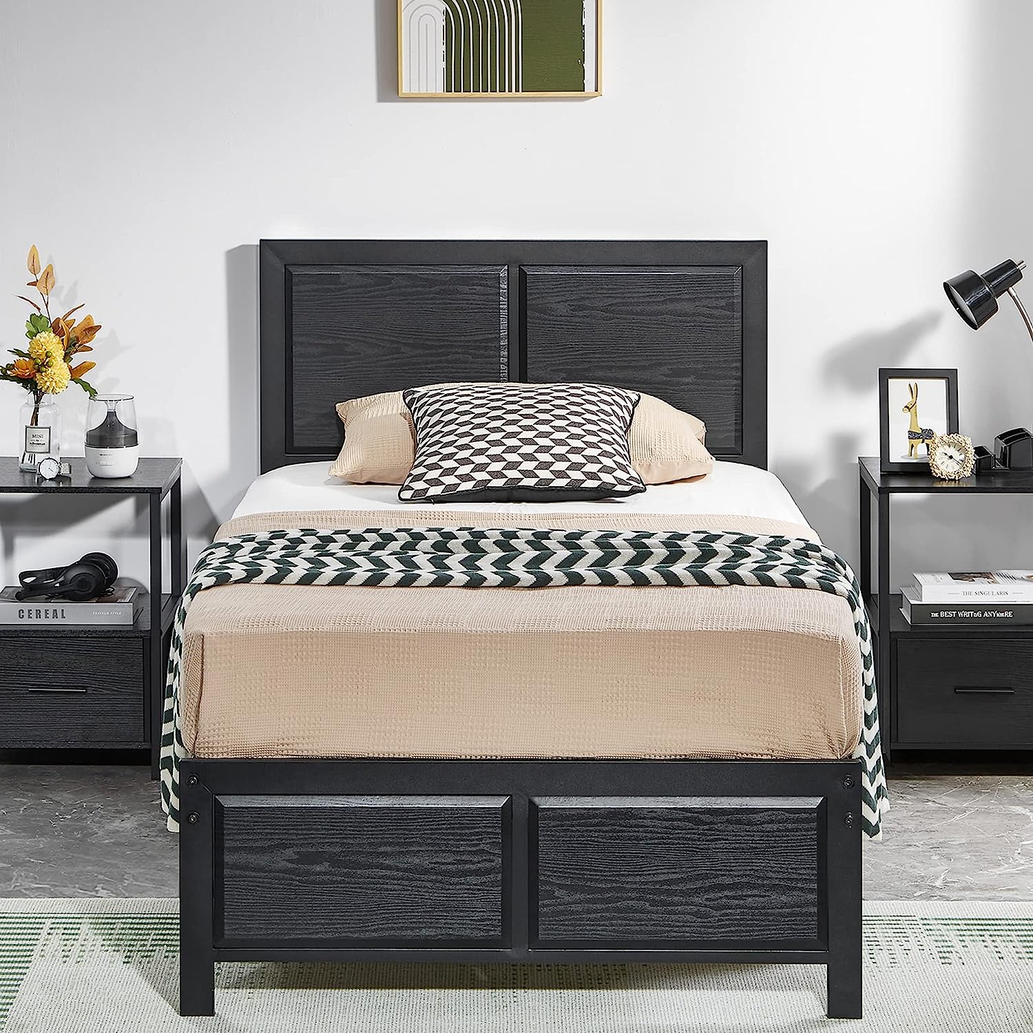 VECELO Platform Bed Frame/Mattress Foundation with Rustic Vintage Wood Headboard